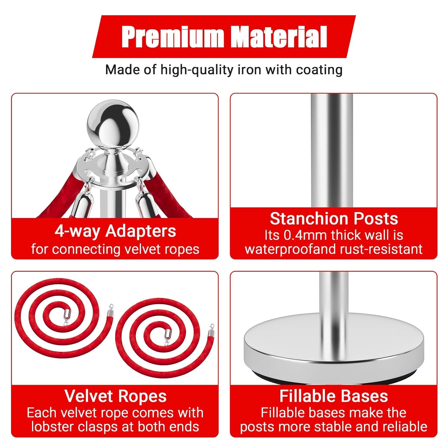 4Pcs Stanchion Post Queue Barrier Crowd Control Sand Injection Base Silver