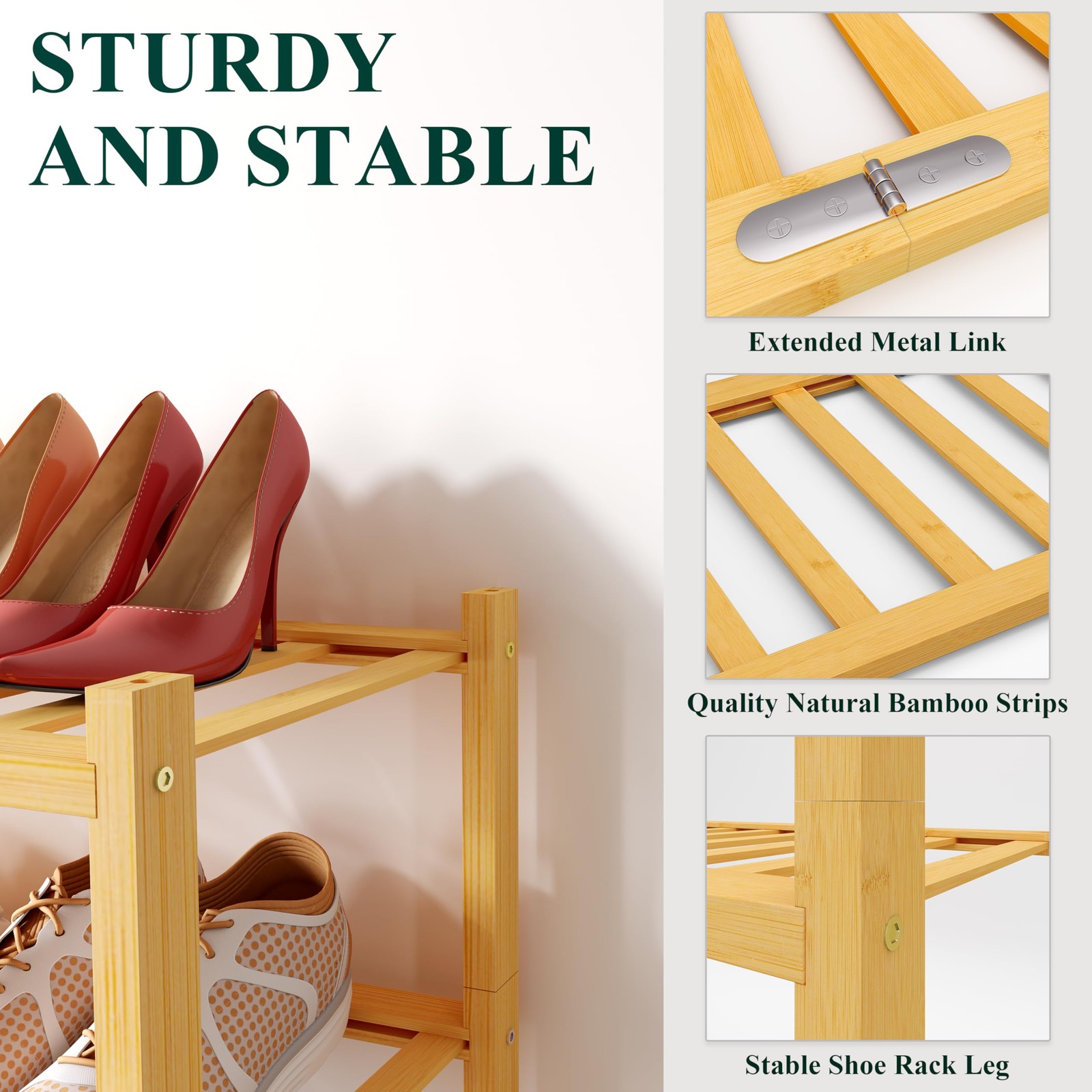 Shoe Rack, 3 Tier Bamboo Shoe Organizer, Stackable Free Standing Wooden Shoe ...