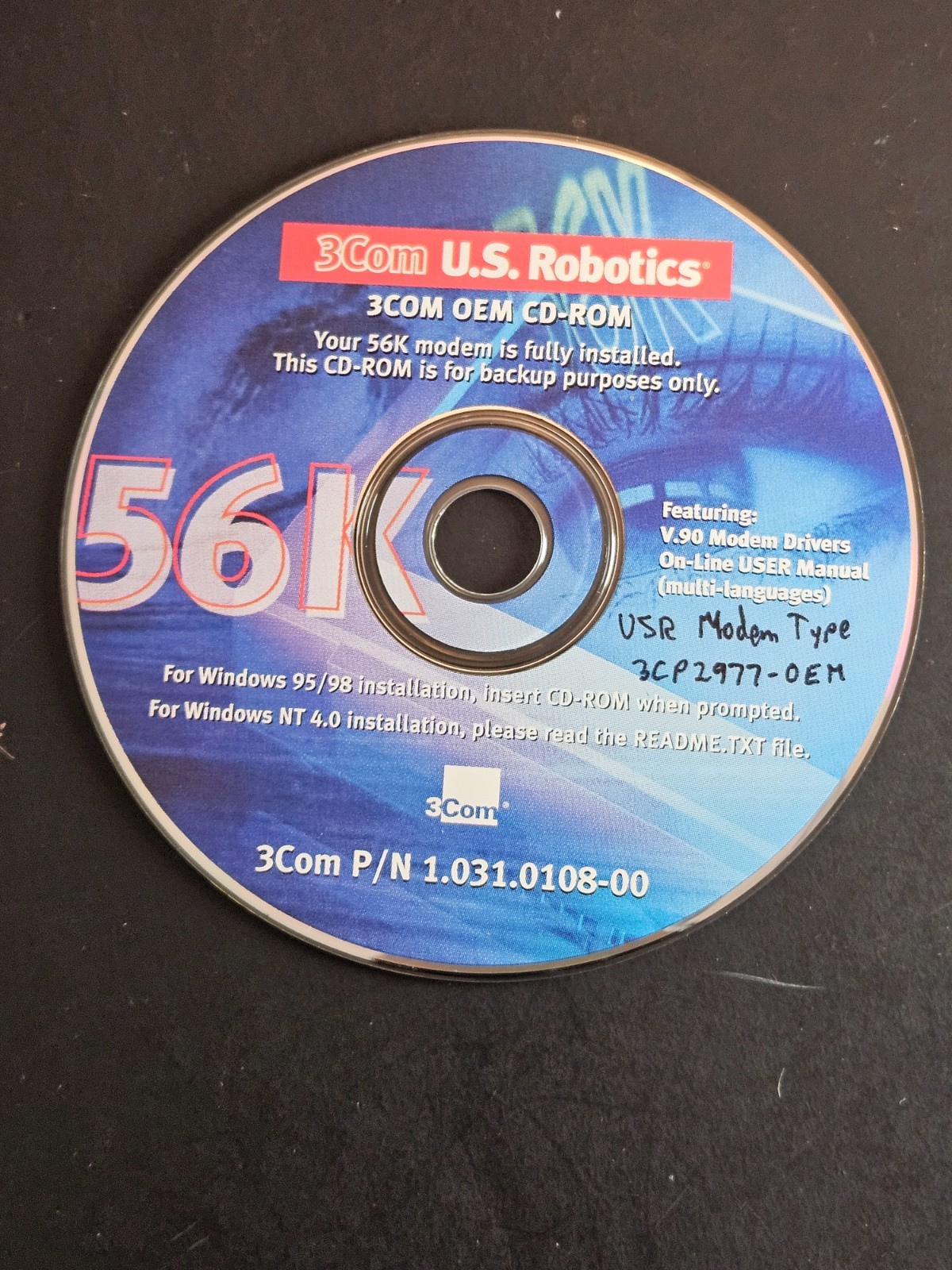3Com U.S. Robotics 56K Modem Driver & Manual CD-ROM for Windows 95/98, NT 4.0