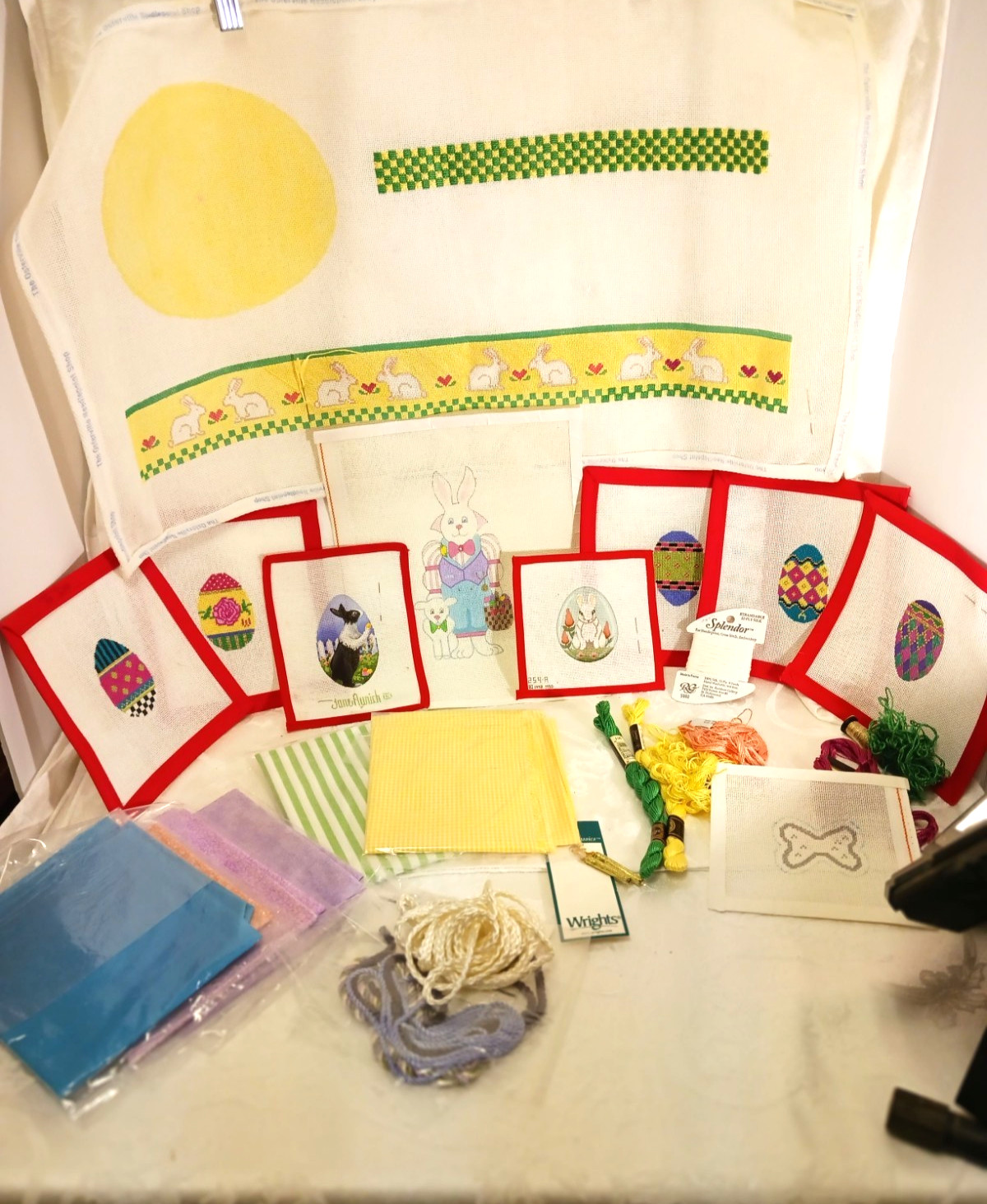 RARE!  10 PC  Lot EASTER BASKET & EGGS-HAND PAINTED NEEDLEPOINT CANVASES - 18m