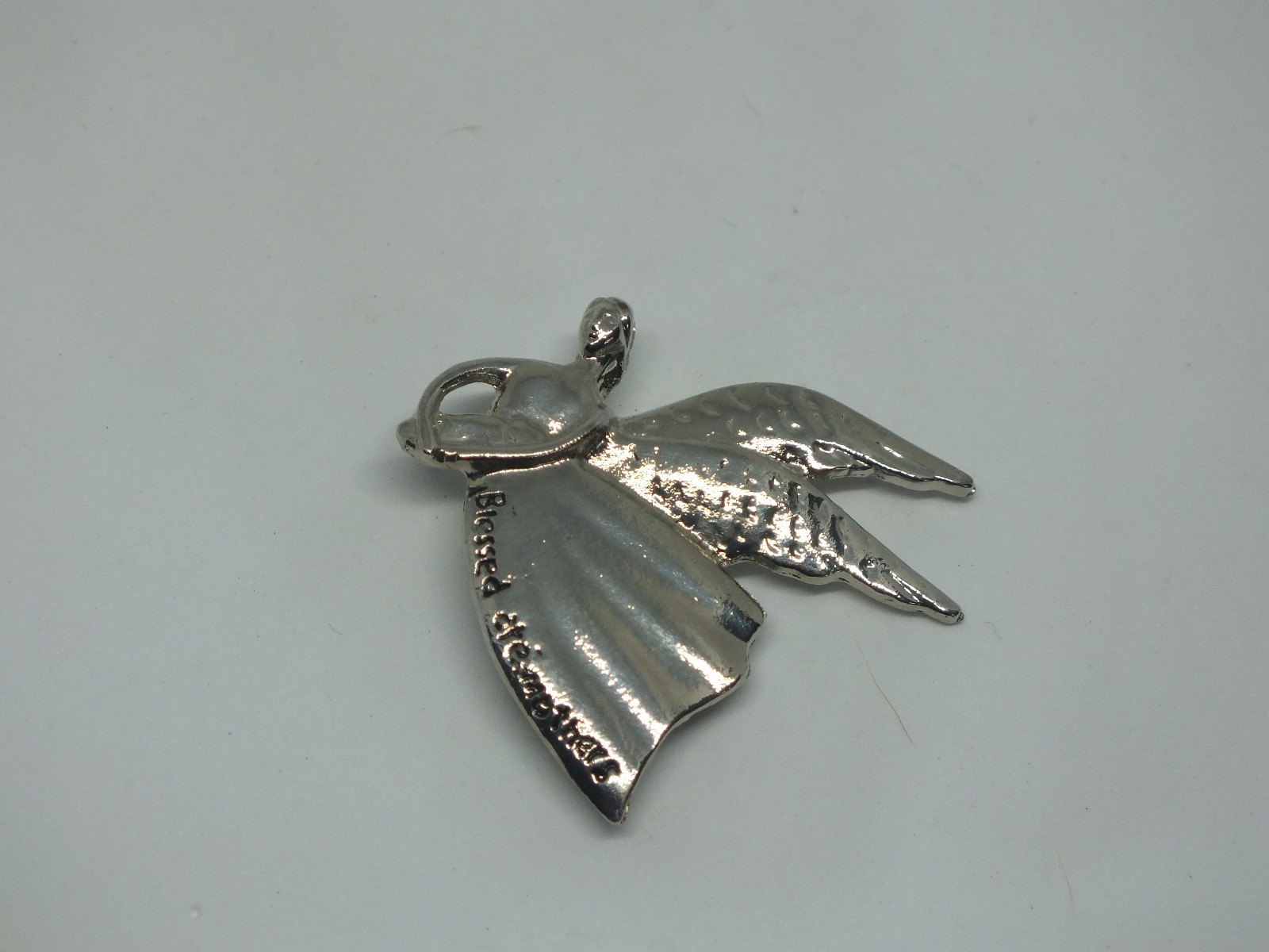 Beautiful Brooch Silver Tone Angel Signed "Blessed Are Mothers" 1 3/4" NICE