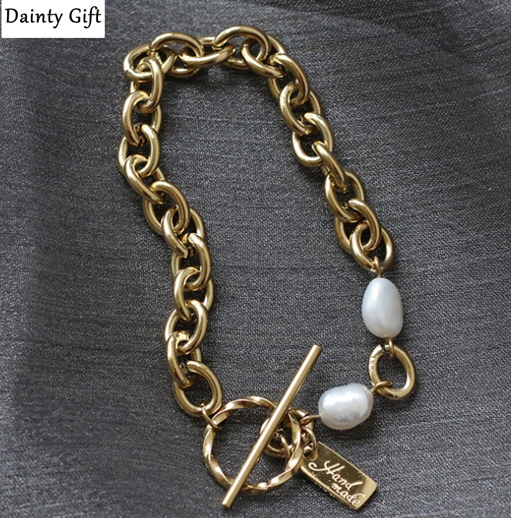 Women Girl Titanium Stainless Steel Baroque Pearl Gold Chain Bracelet 6.5"