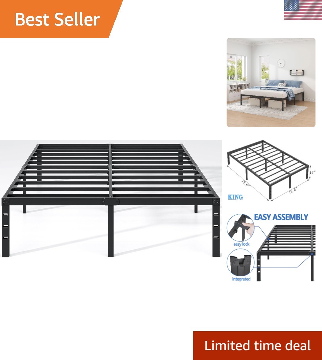 Heavy Duty 16 Inch King Metal Bed Frame - Sturdy Foundation & Storage Space
