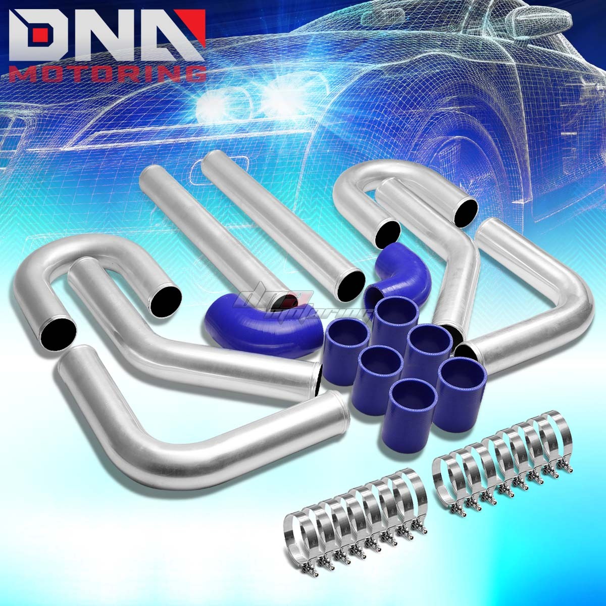 8PC 3"ALUMINUM FRONT MOUNT TURBO INTERCOOLER PIPING KIT W/COUPLER HOSES & CLAMPS