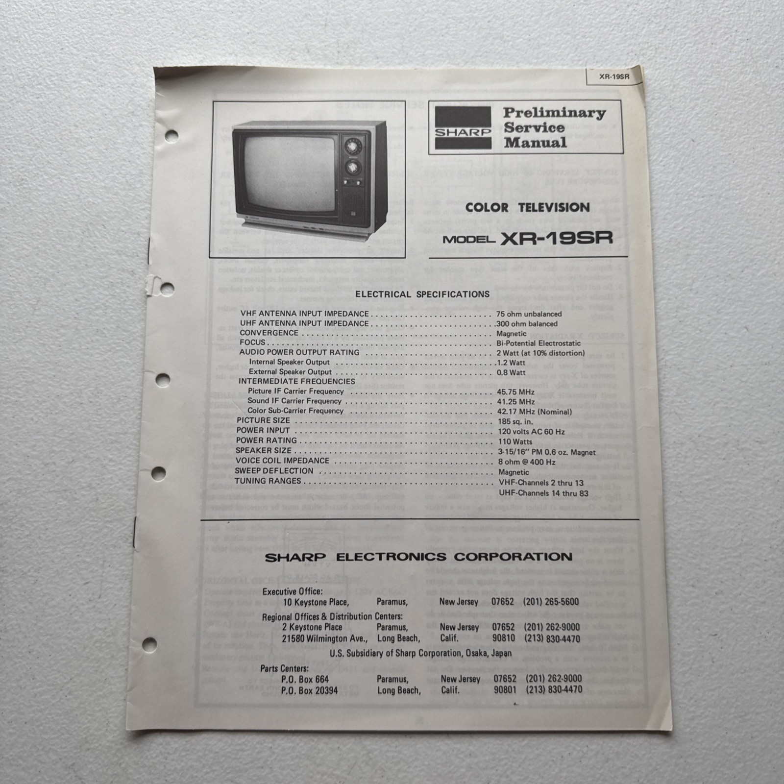 Sharp Color Television Model XR-19SR Preliminary Service Manual
