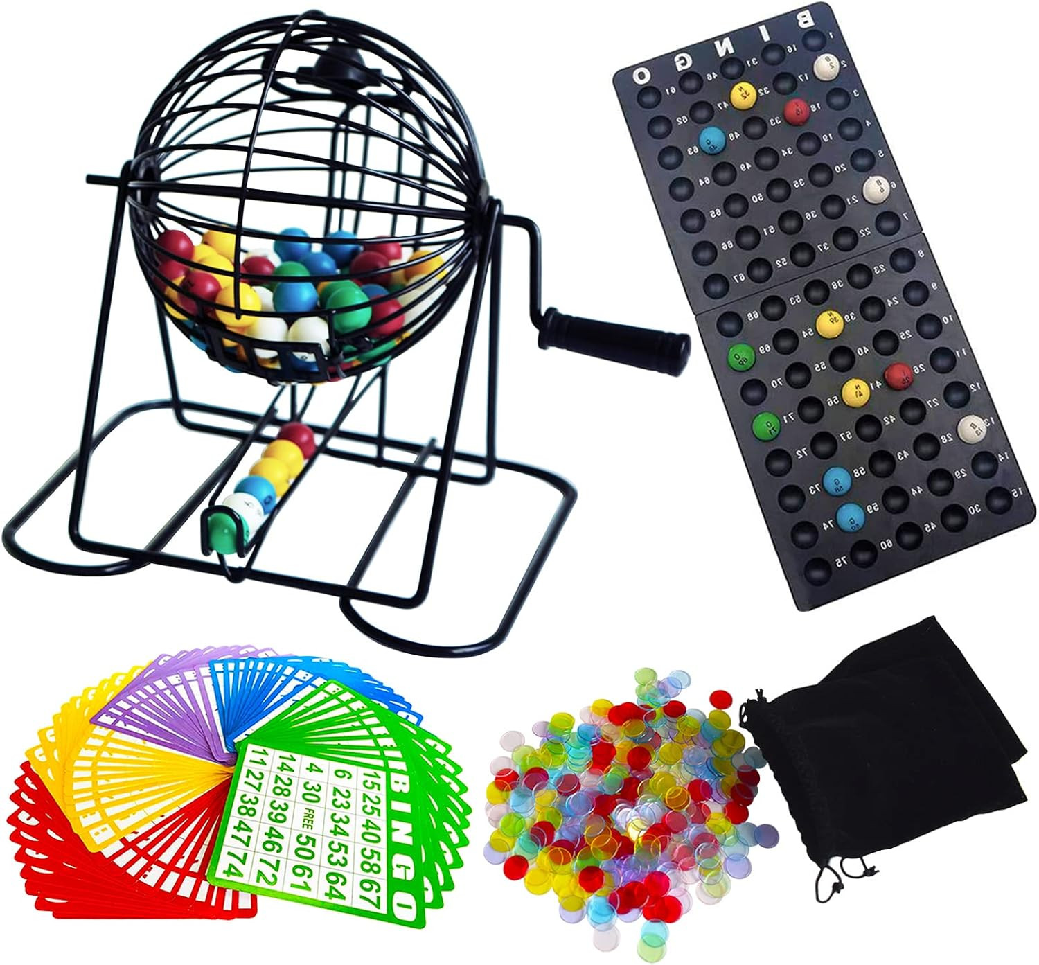 Deluxe Bingo Game Set - Metal Round Cage, 75 Colored Balls, 50 Bingo Cards, 300