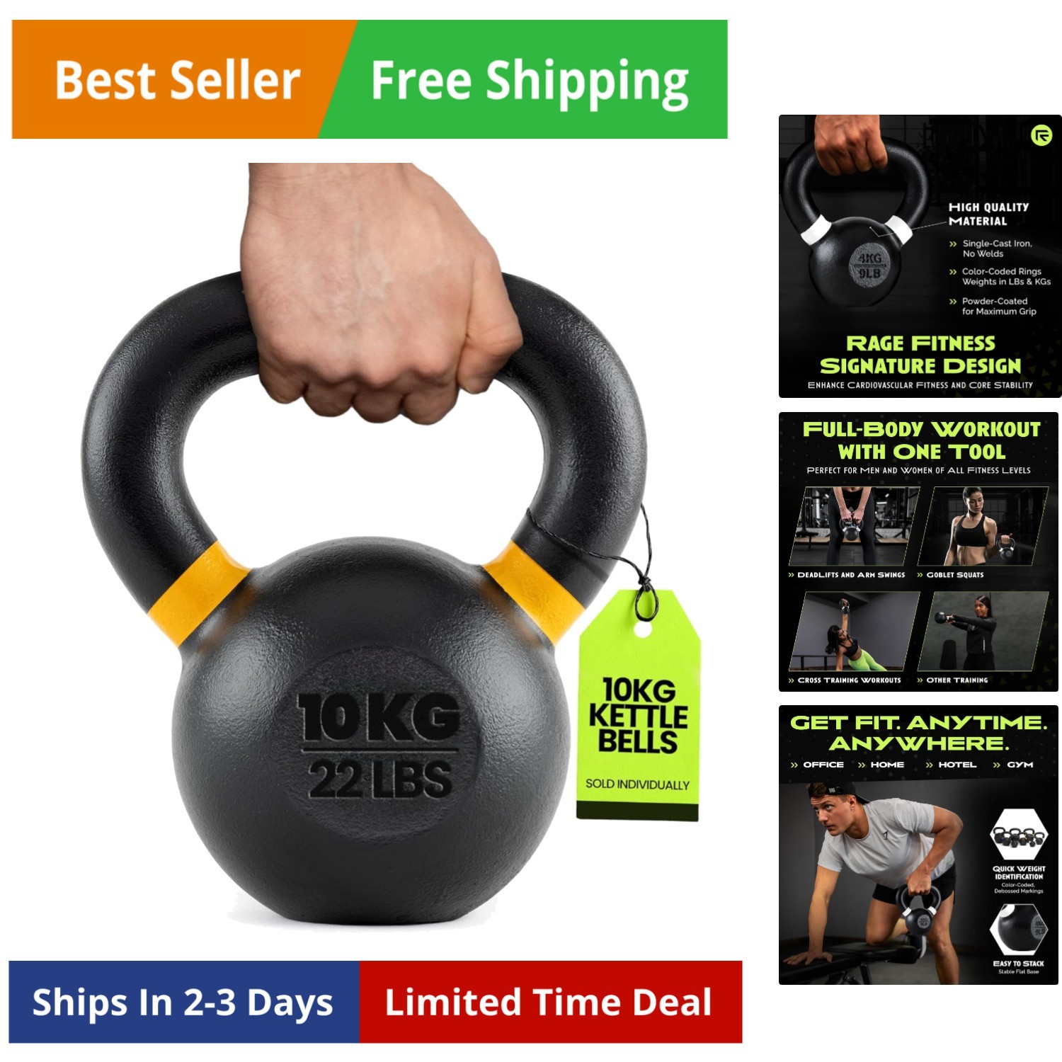 Single Cast Iron Kettlebell | Powder Coated - Wide Handle Weights for Core & ...