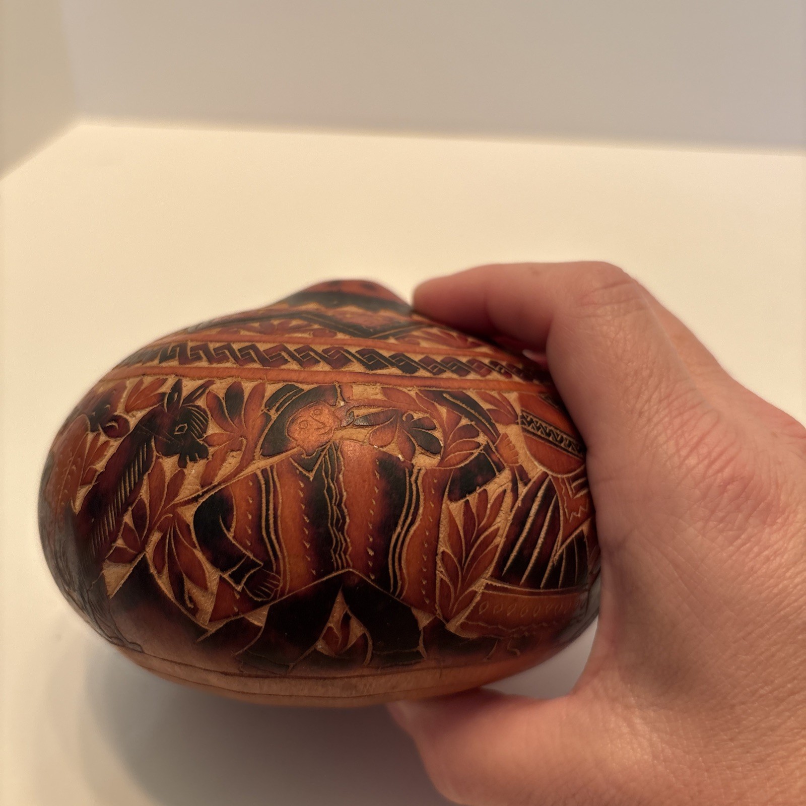Vintage Peruvian Hand Carved Gourd Story Scene Peru Folk Art Village Life Lama
