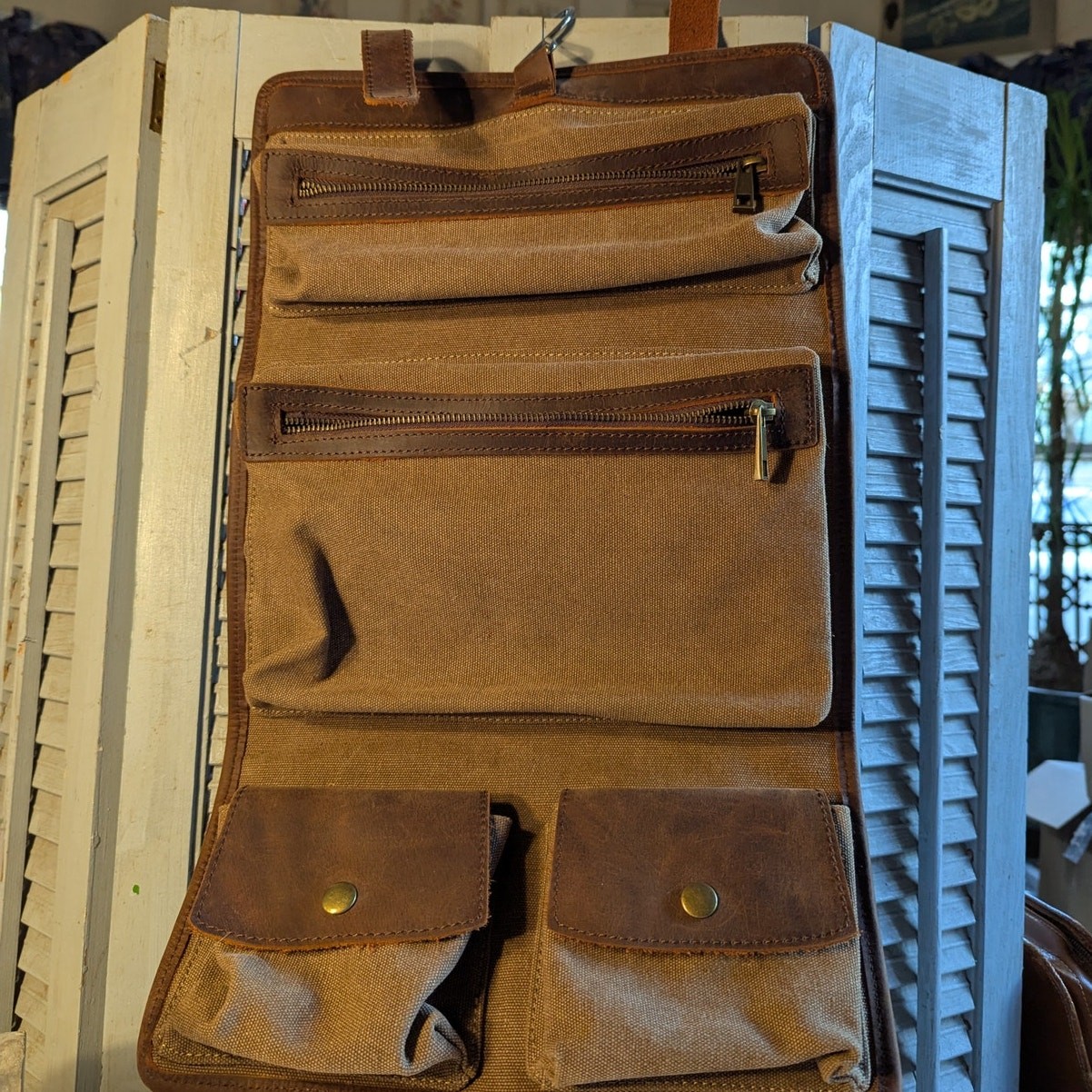 S-Zone brown leather and waxed canvas toiletry organizer