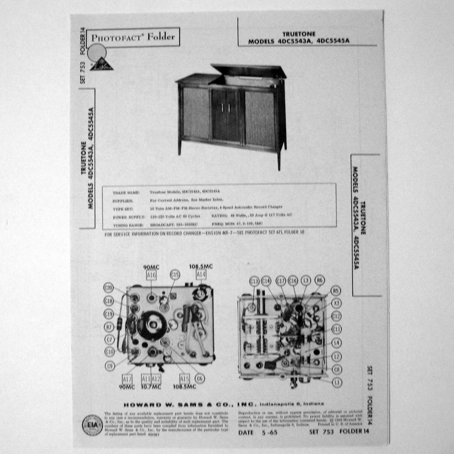 Truetone Models 4DC5543A 4DC5545A Console Stereo Phono SAMS Photofact ™ 1965 New