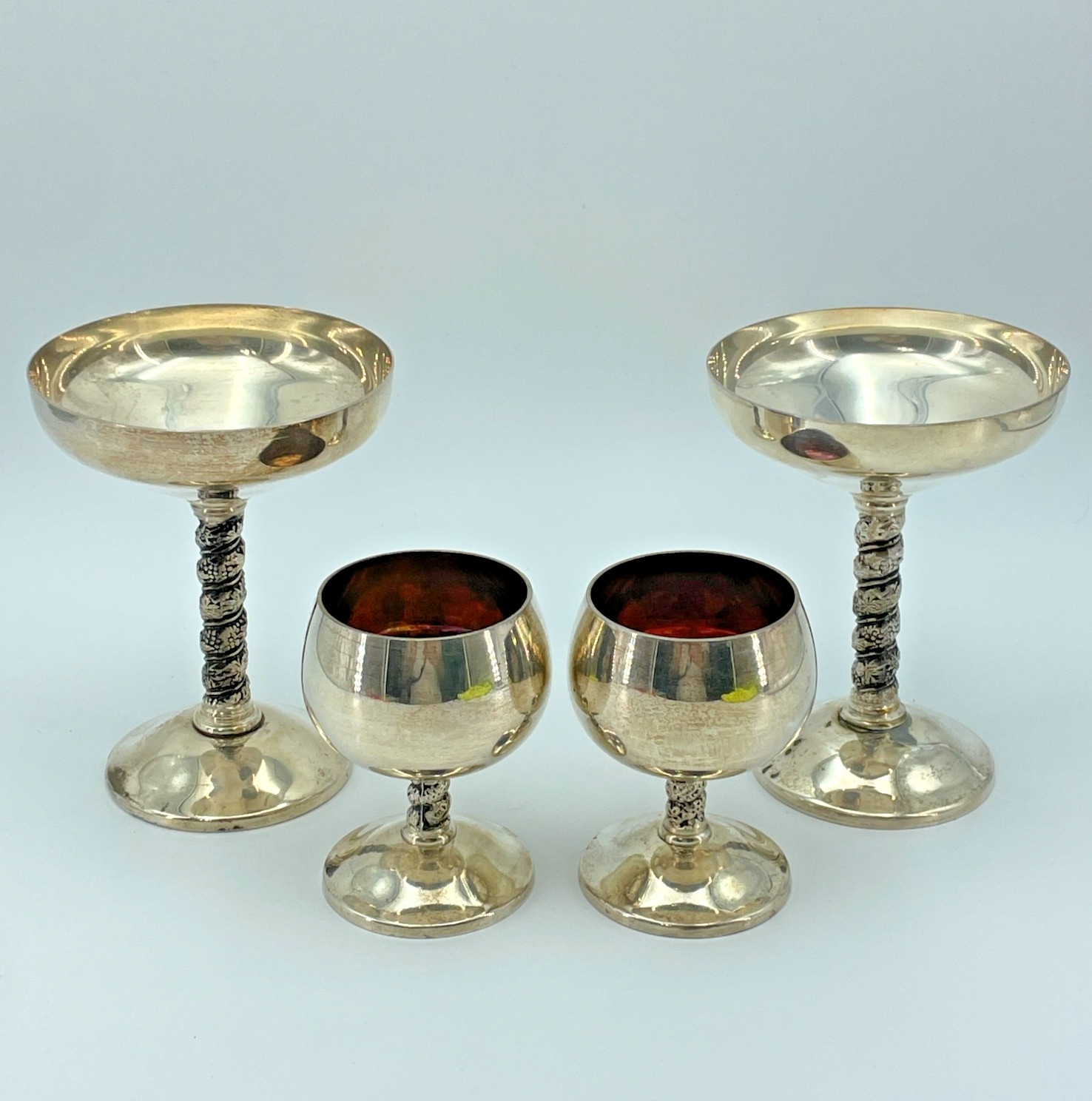 Vintage Silverplate Goblet Coupe Glasses Set 4 Decorative Stems Spain 6in 4in