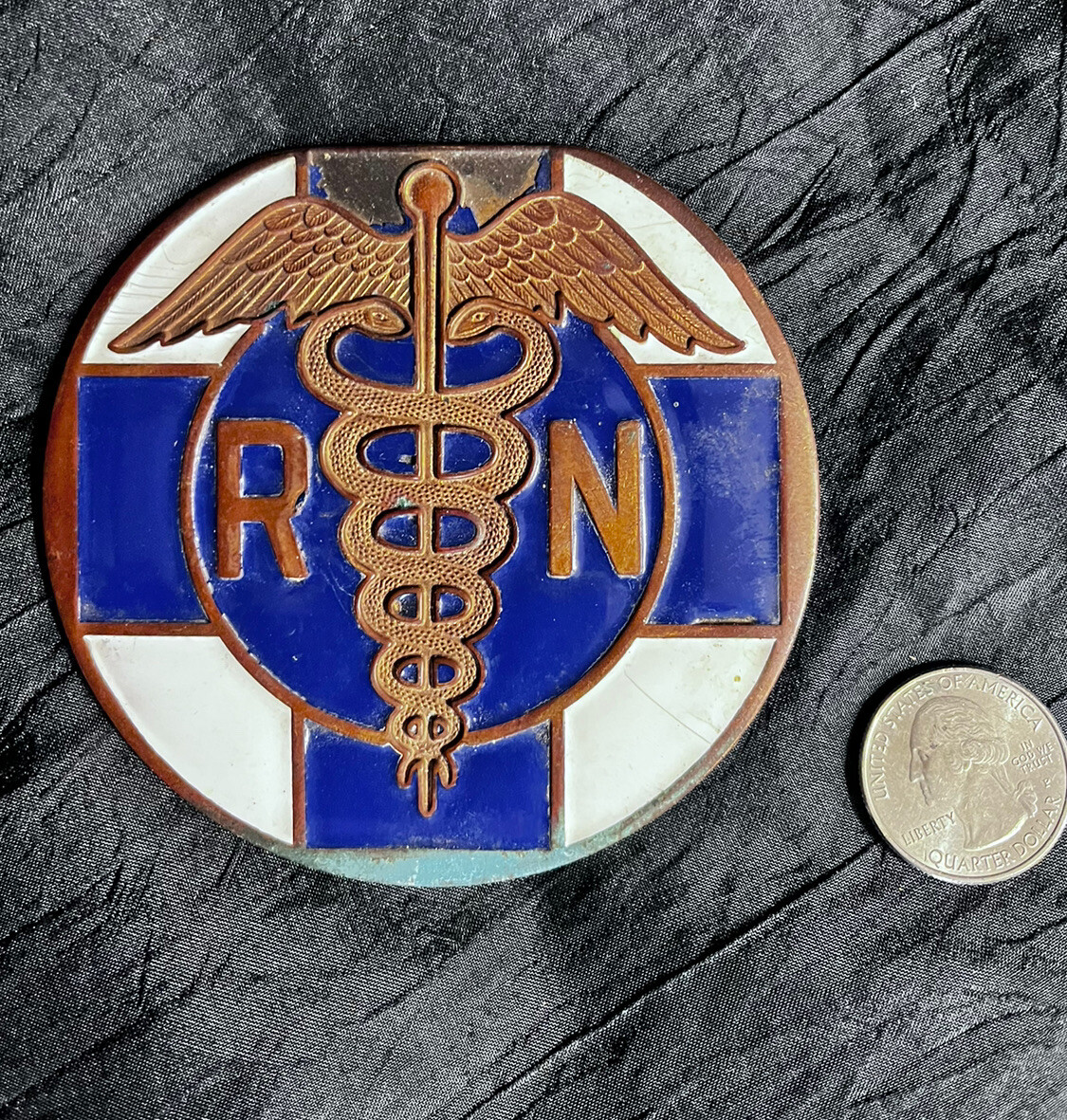 ANTIQUE MEDICAL BRONZE AND ENAMEL RN CADUCEUS  3.5" SOLD "AS IS"