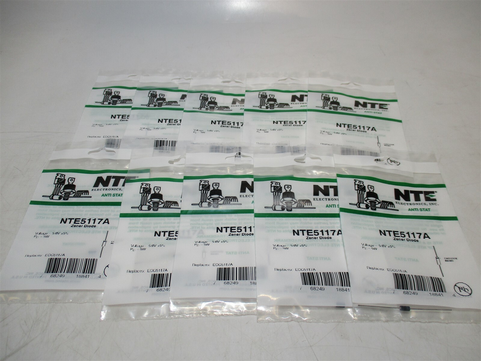 NTE Electronics (NTE5117A) Single 5.6 Volt 5 Watt 2-Pin Zener Diode - Lot of 10