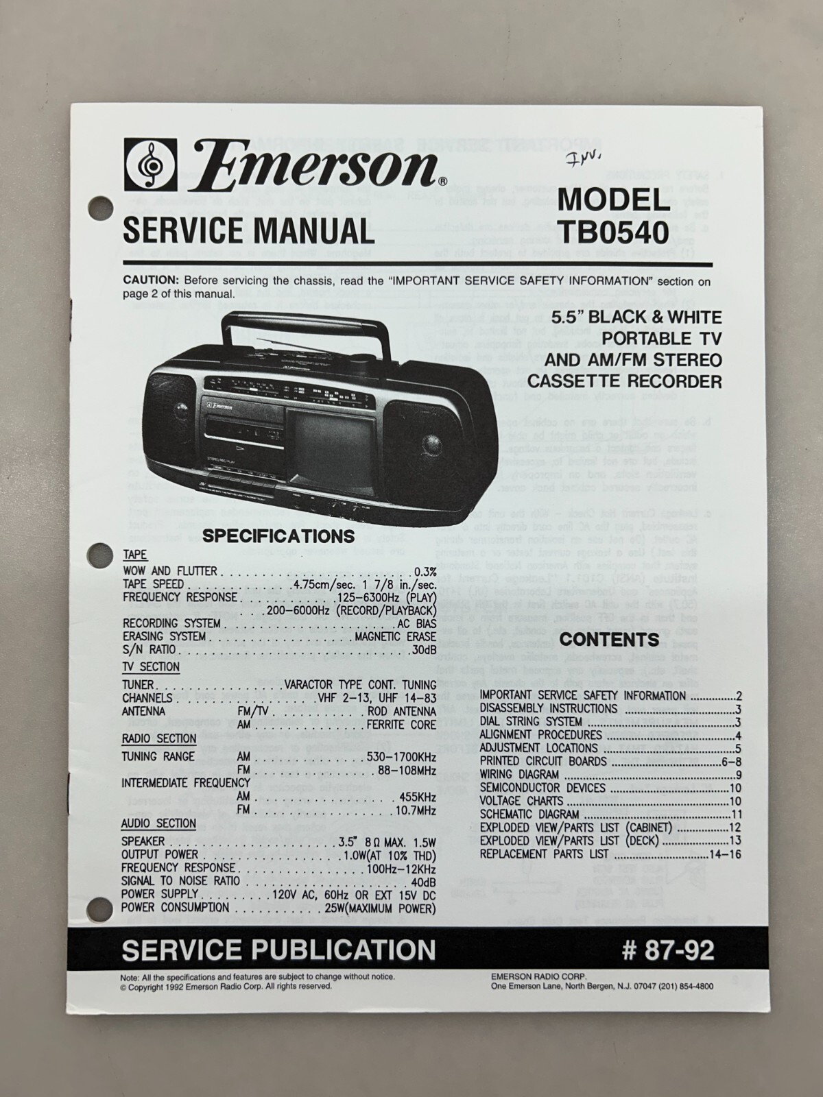 Emerson TC0540 Original Service Manual Free Shipping