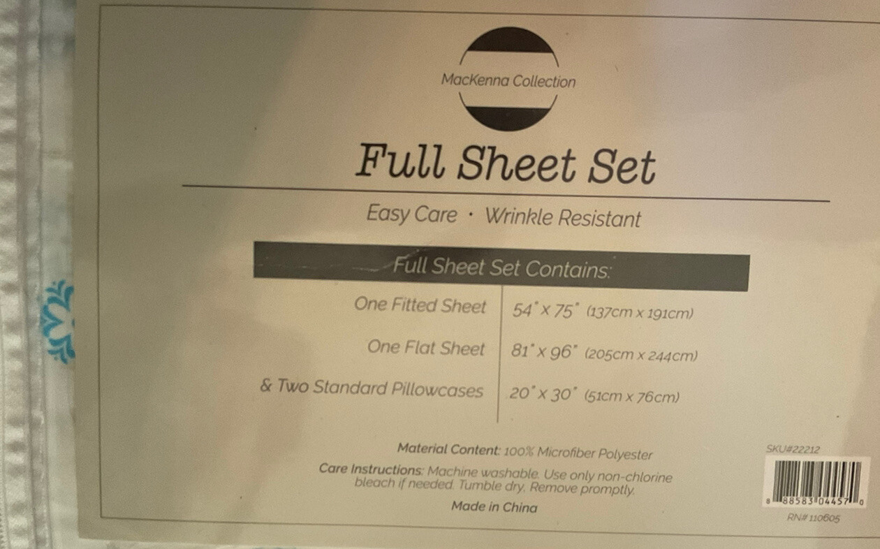 McKenna Coll Microfiber Polyester FULL Sheet Set 4 Piece Set SNOWFLAKE New