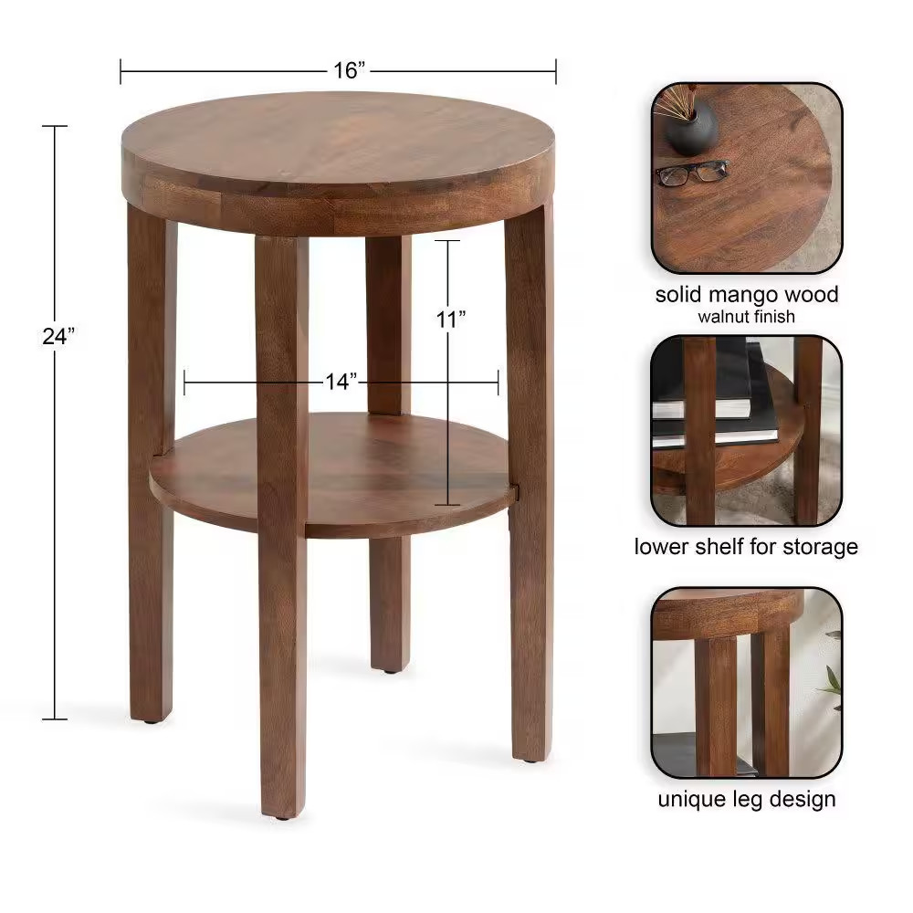 Talcott 16.00 In. Walnut Brown round Solid Wood End Table