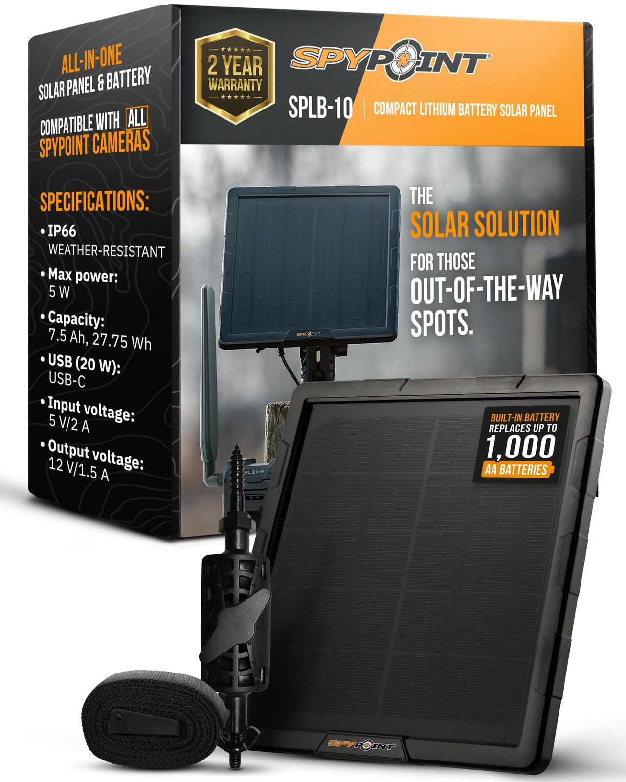 SPYPOINT Solar Panel for Trail Camera with Internal Battery Outdoor Black