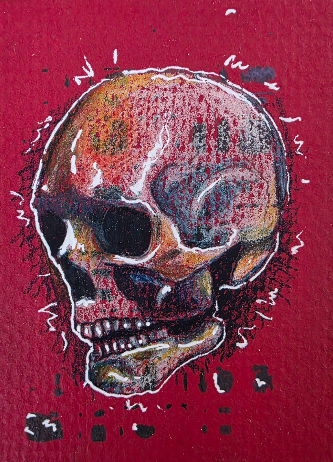 ACEO Original Artist Trading Card Red Colorful Skull Mixed Media