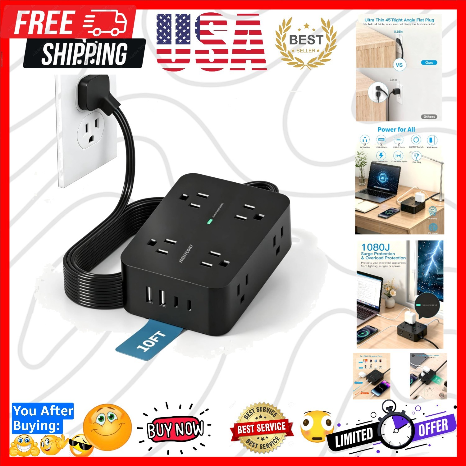 10 Ft Power Strip Flat Plug, Extension Cord Surge Protector with 8 Outlets an...