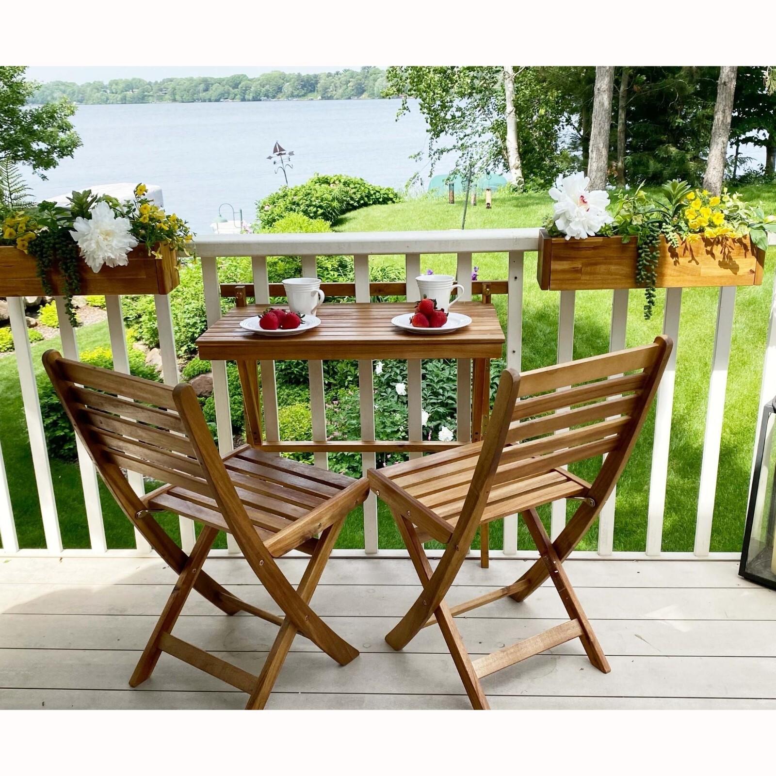 Patio Wise Outdoor Folding Acacia Wood Balcony Railing Table, Foldable Deck Bar