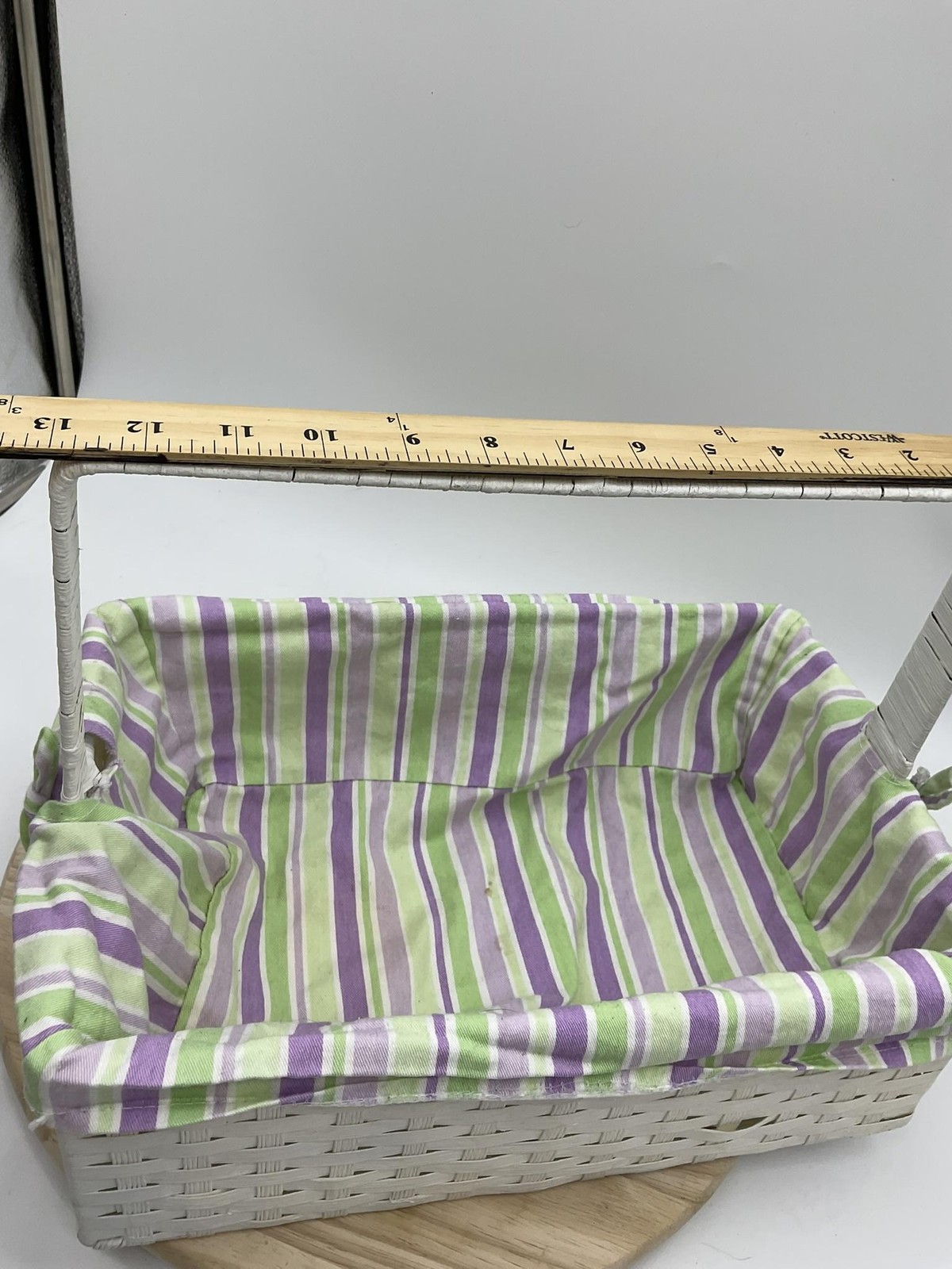 White Wicker Rectangular Basket Handle Lined Striped Fabric Insert Storage Tray