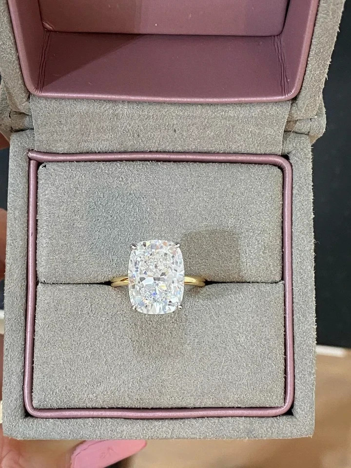 4.20 Ct Moissanite Cushion Cut Solitaire Wedding Ring 14K Yellow Gold Plated