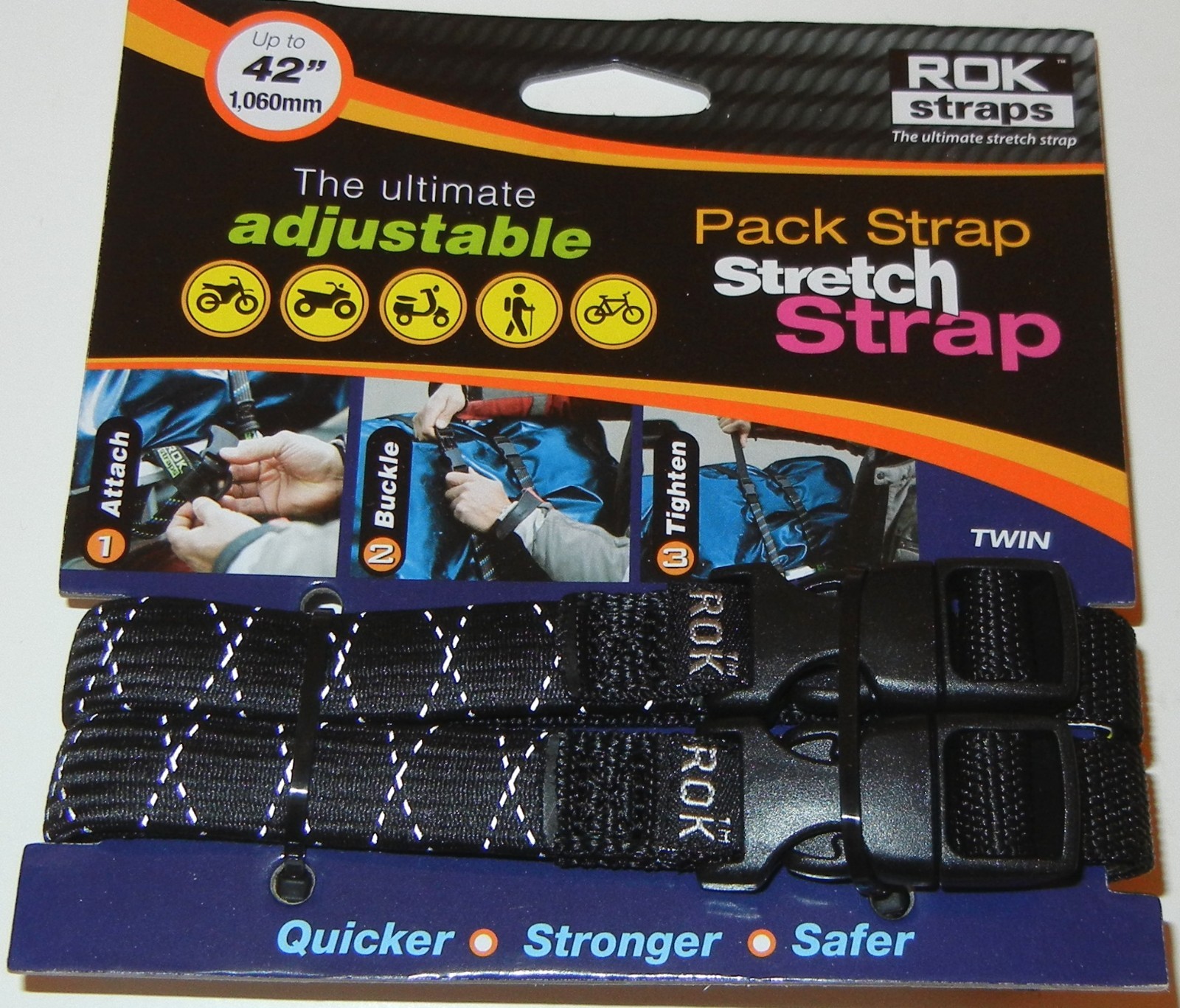 ROK Straps Motorcycle Luggage Tie Down Adj Straps 12"-42" x 5/8 Reflective Black