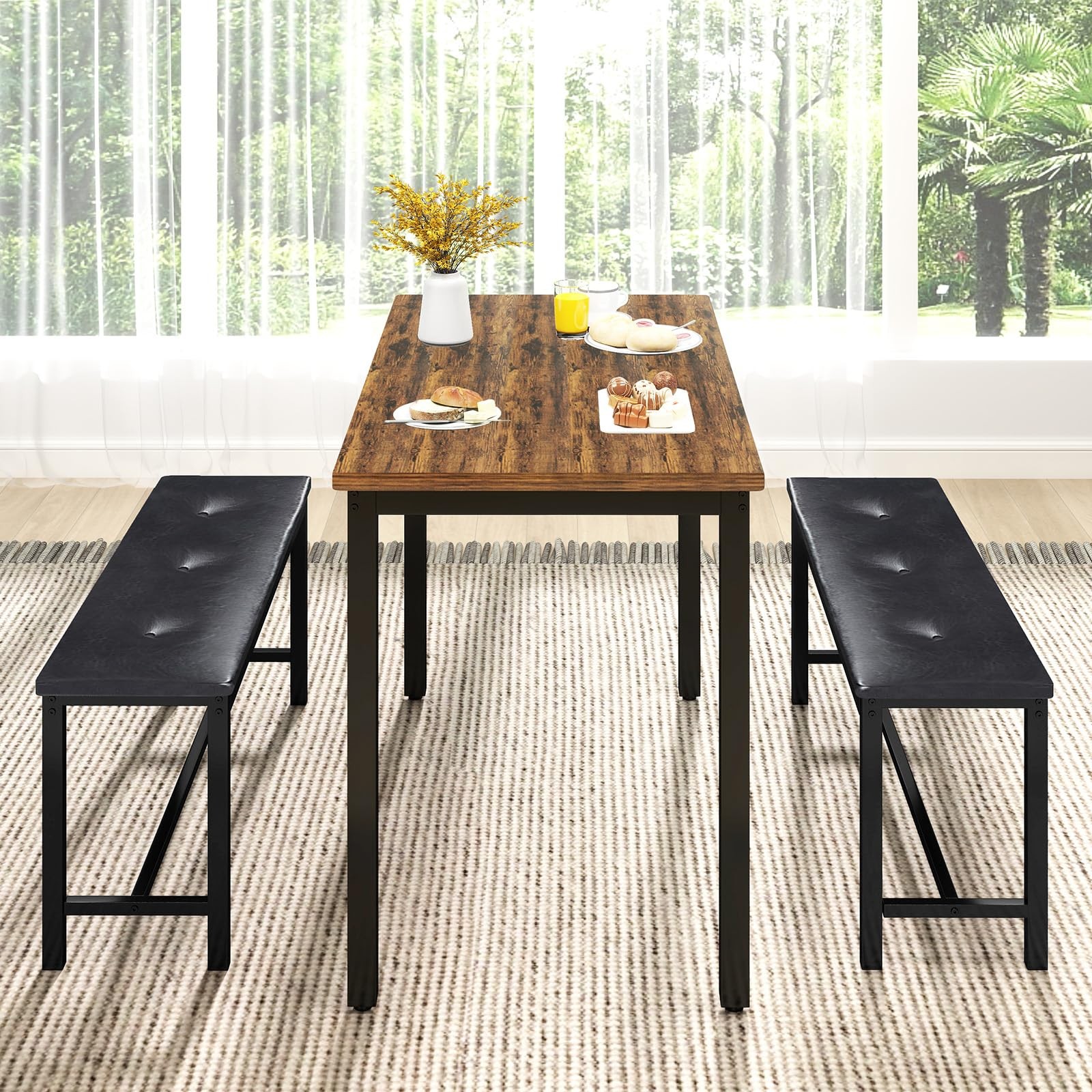 Dining Room Table Bench Set for 4, Modern Space Saving Kitchen Table with wit...