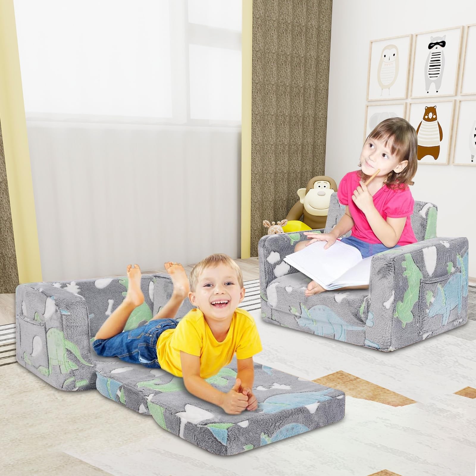 2-in-1 Soft Plush Toddler Couch & Chair – Fold Out Convertible Sofa to Lounge...
