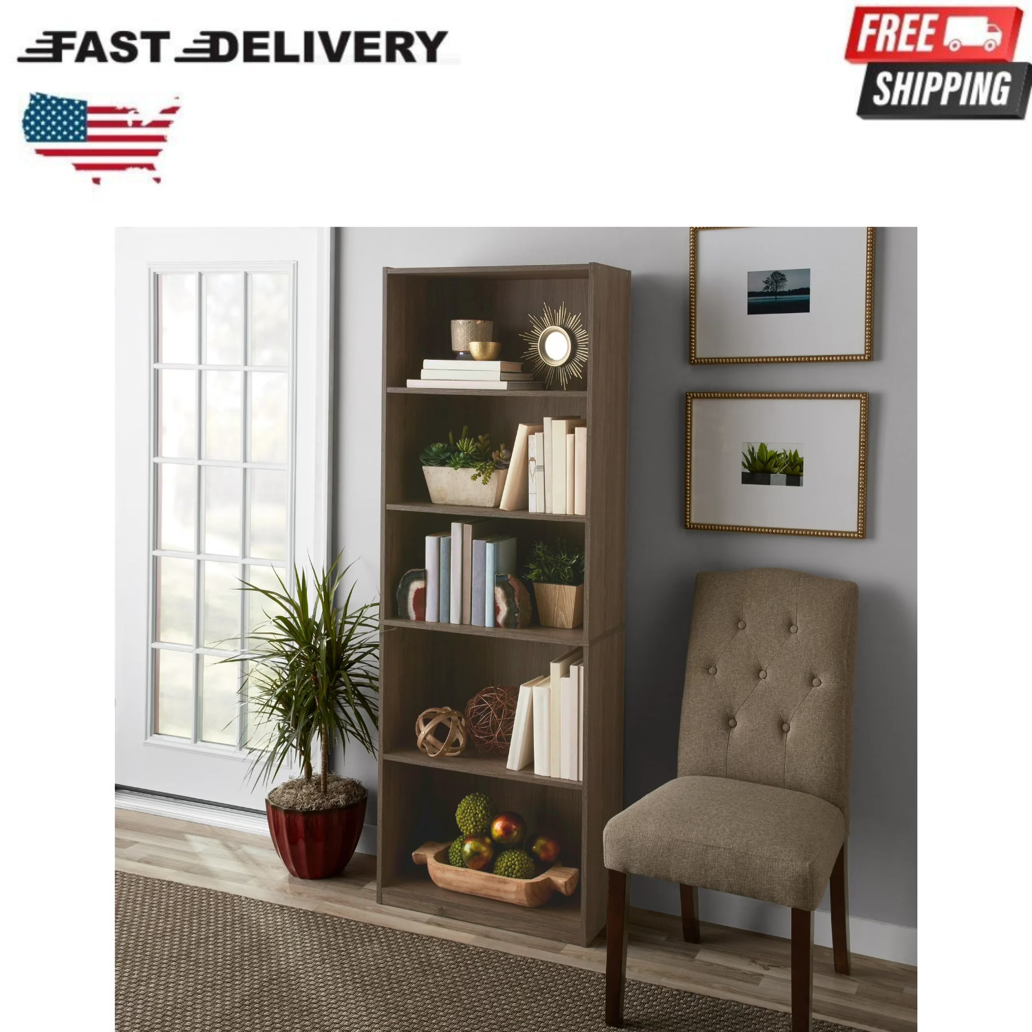 Mainstays 5-Shelf Bookcase with Adjustable Shelves, Rustic Oak