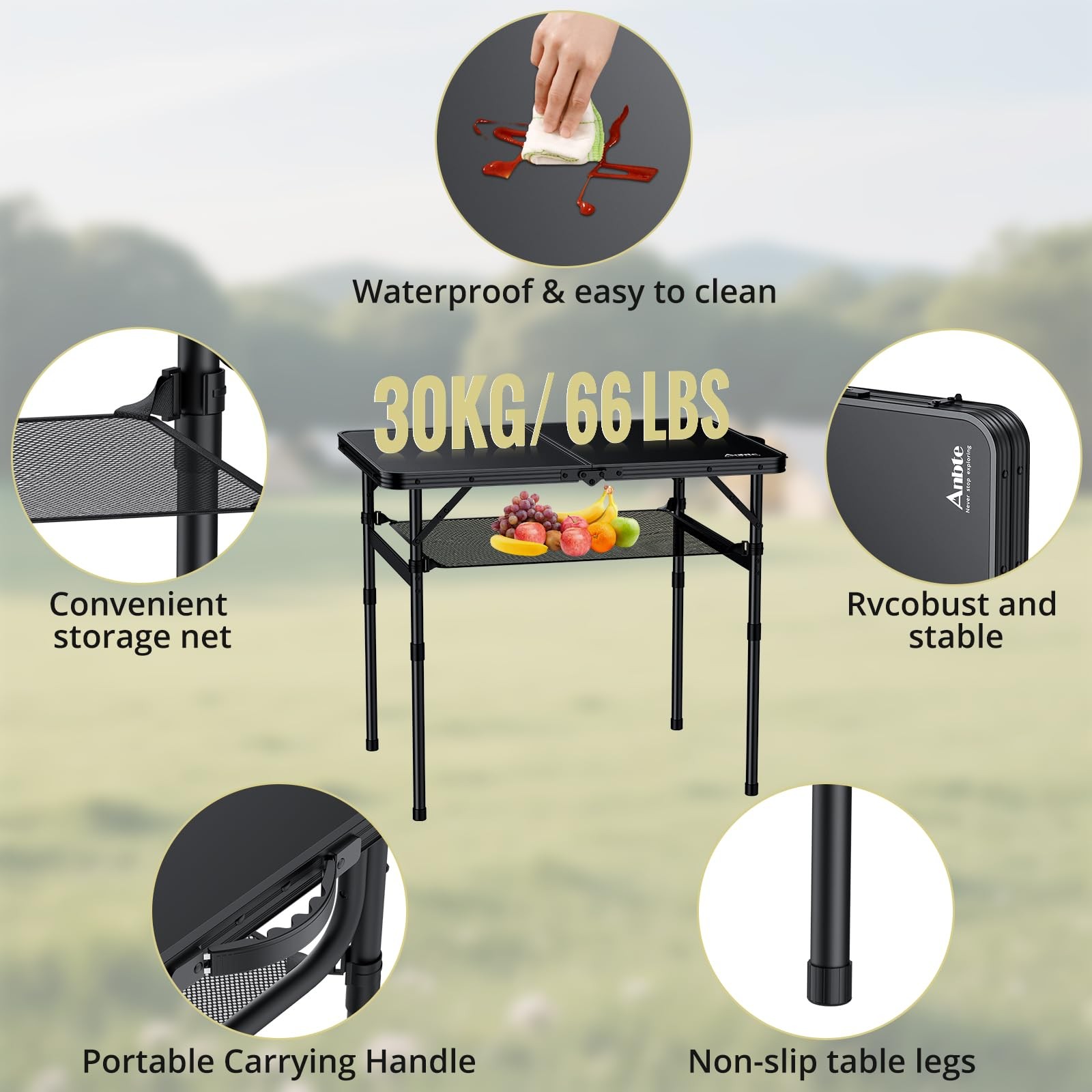 Folding Camping Table Portable Adjustable Height 36x24 in max 28 in