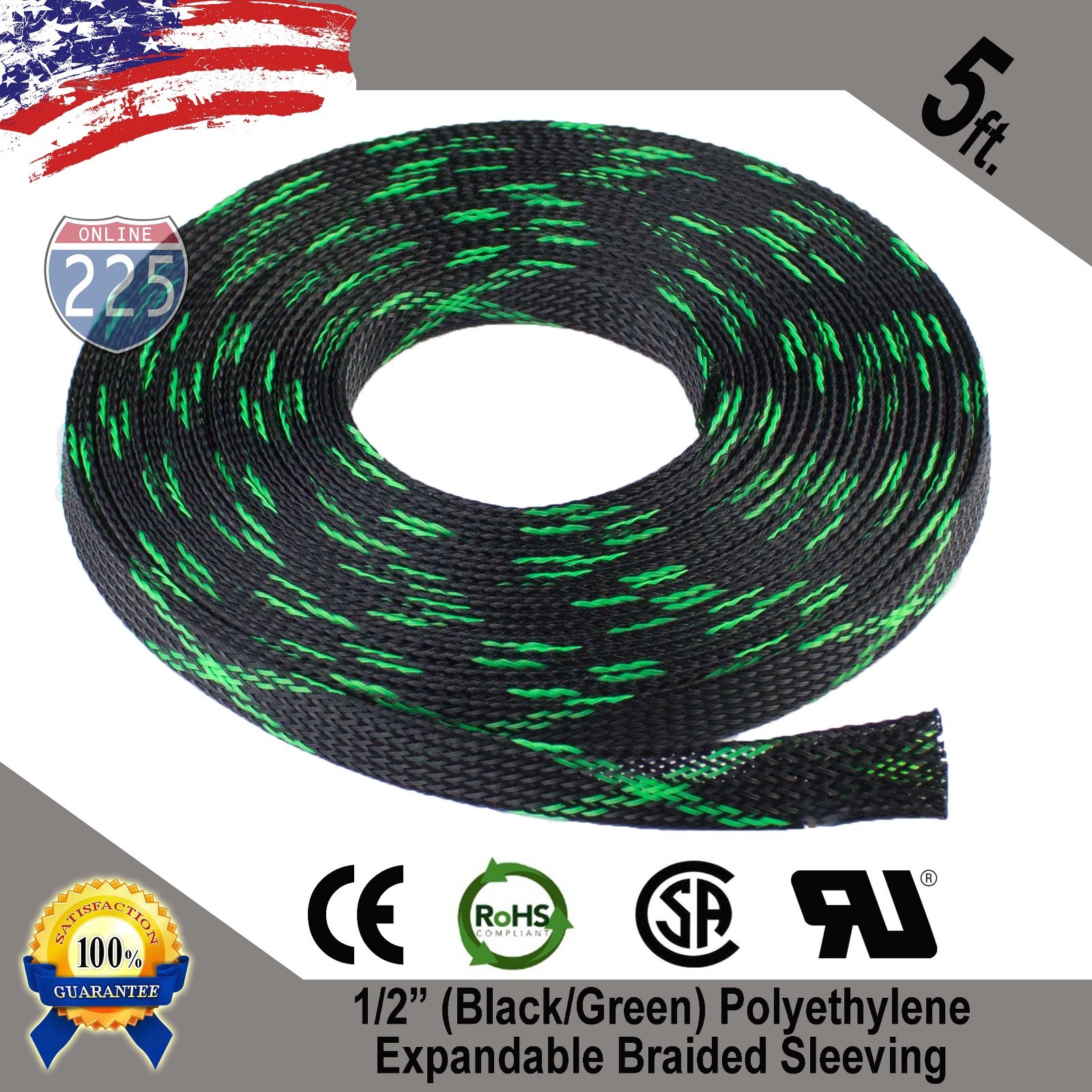 5 FT 1/2" Black Green Expandable Wire Sleeving Sheathing Braided Loom Tubing US