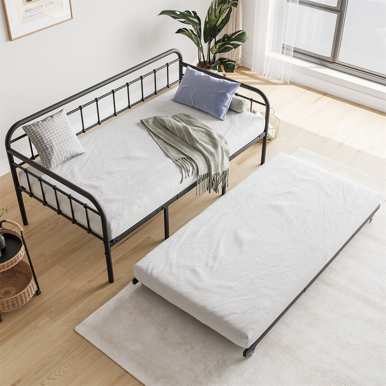 Twin Size Metal Daybed Bed Frame Sofa Bed with Pull Out Trundle Bed Black US