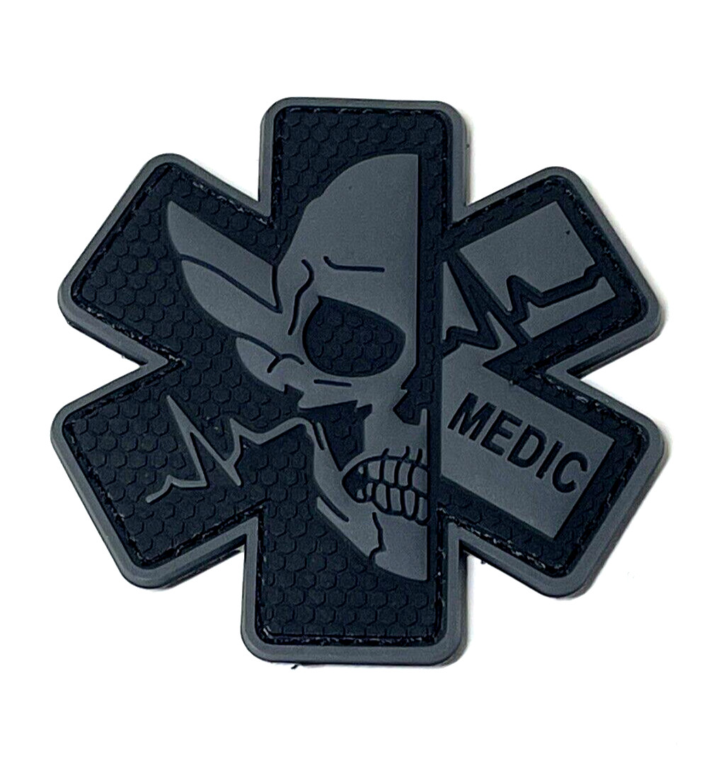 3D Skull Medic PVC Patch, Paramedic EMT Gray Black Patch, Hook and Loop