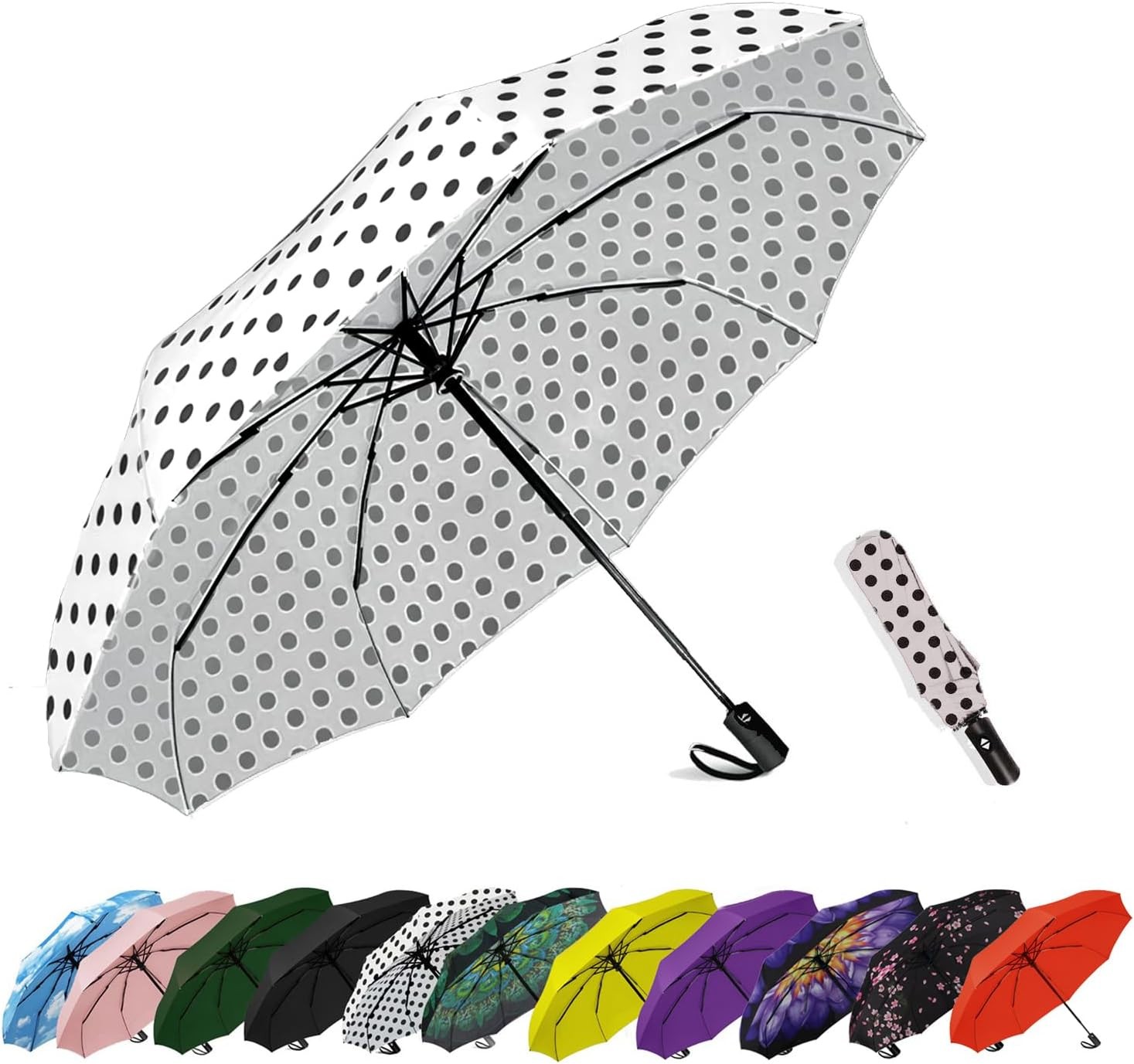 SIEPASA Windproof Travel Compact 42 Inch-1 Pack, White Polka Dots