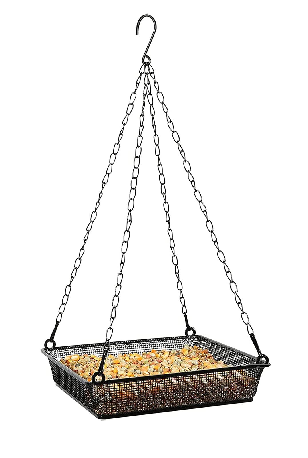 Hanging Bird Feeder Tray Platform Metal Mesh Seed 8 Inches Square, Black