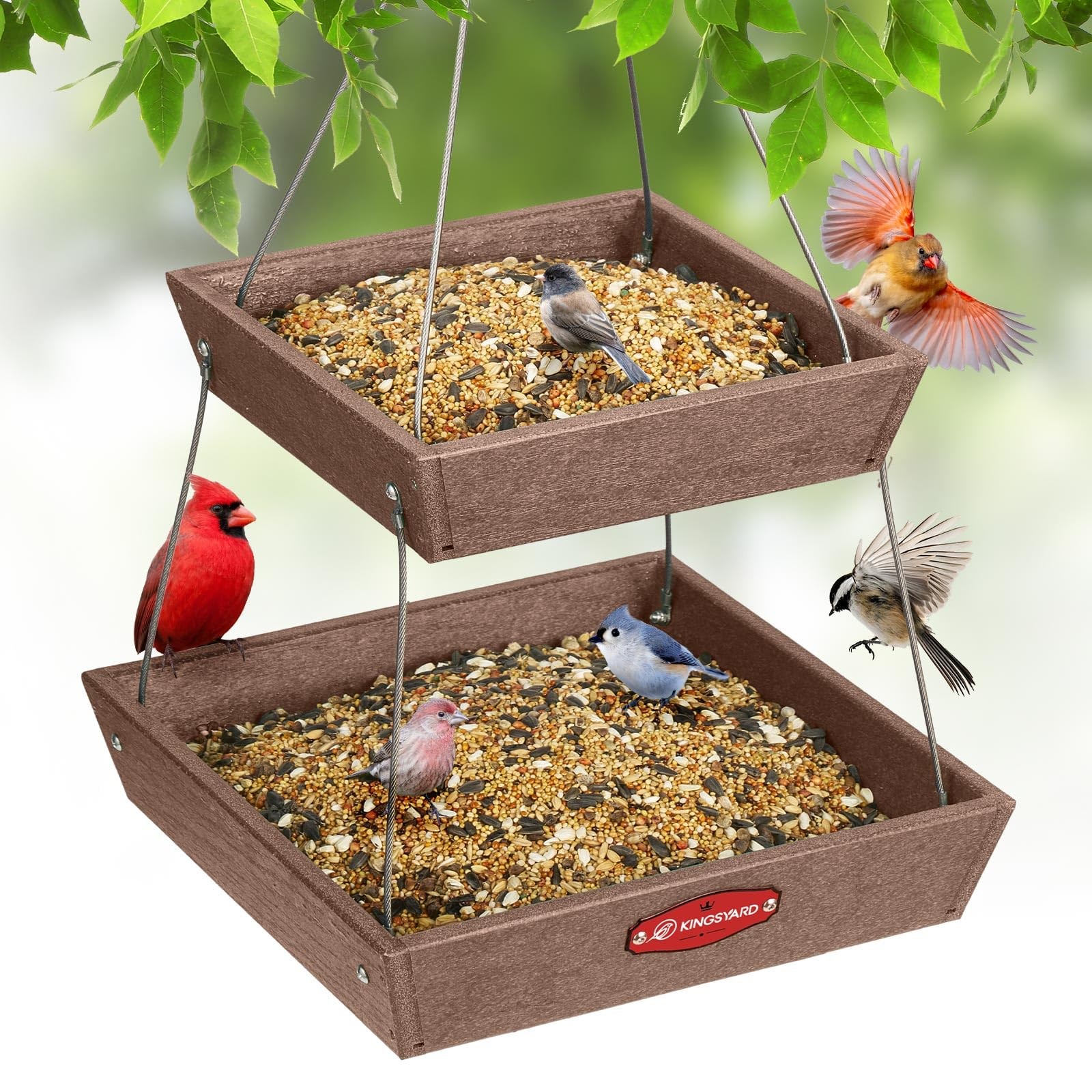 Kingsyard 2 Tier Large Platform Bird Feeders for Outdoors Hanging, 5 Brown