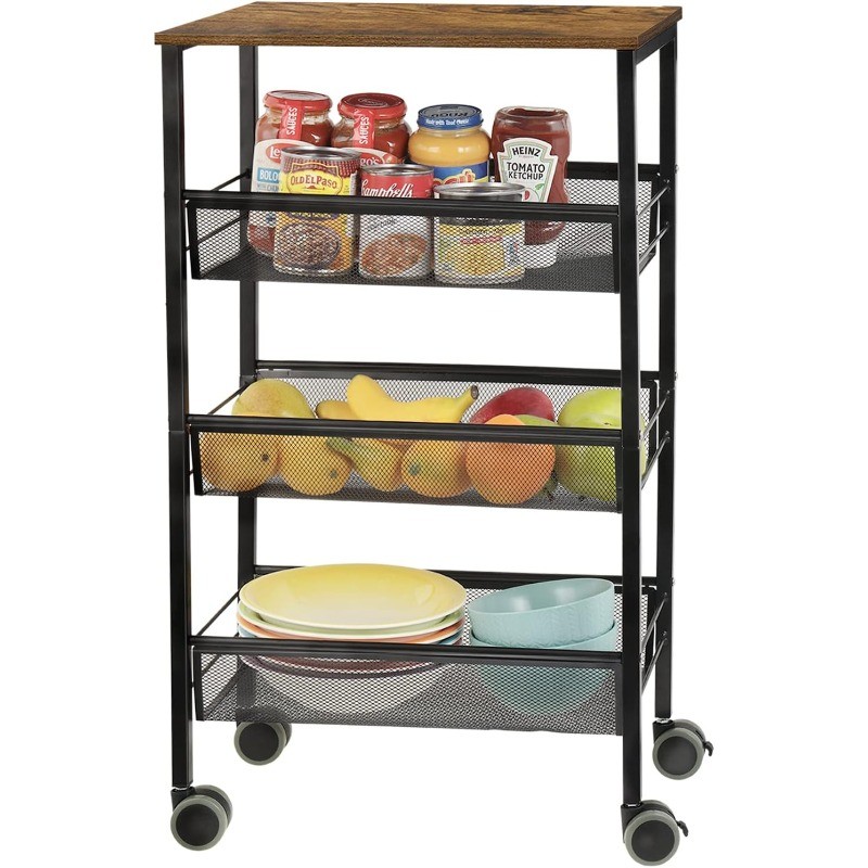 4-Tier Kitchen Island Cart on Wheels w/Shelves, Lockable Cart with Mesh Baskets