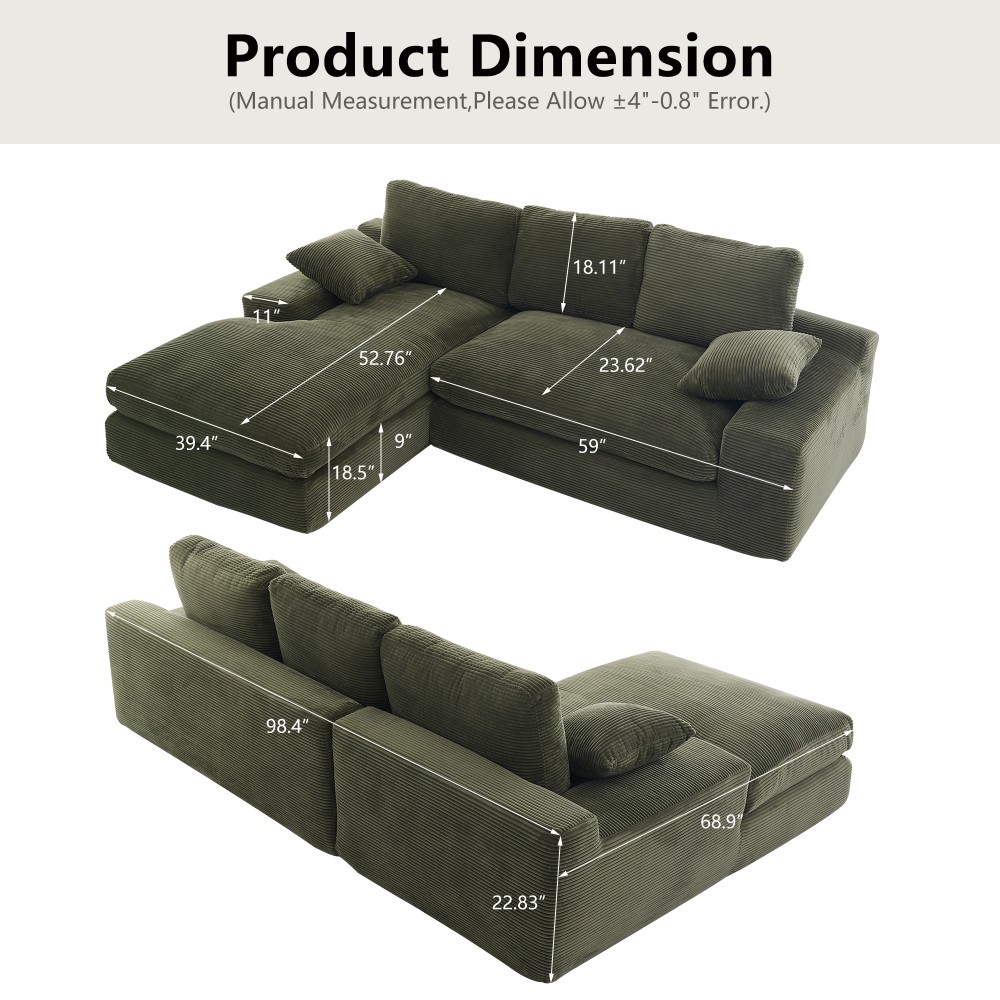 Green Corduroy Sofa w/ Back Cushions & Throw Pillows, Medium-Soft Foam Seat