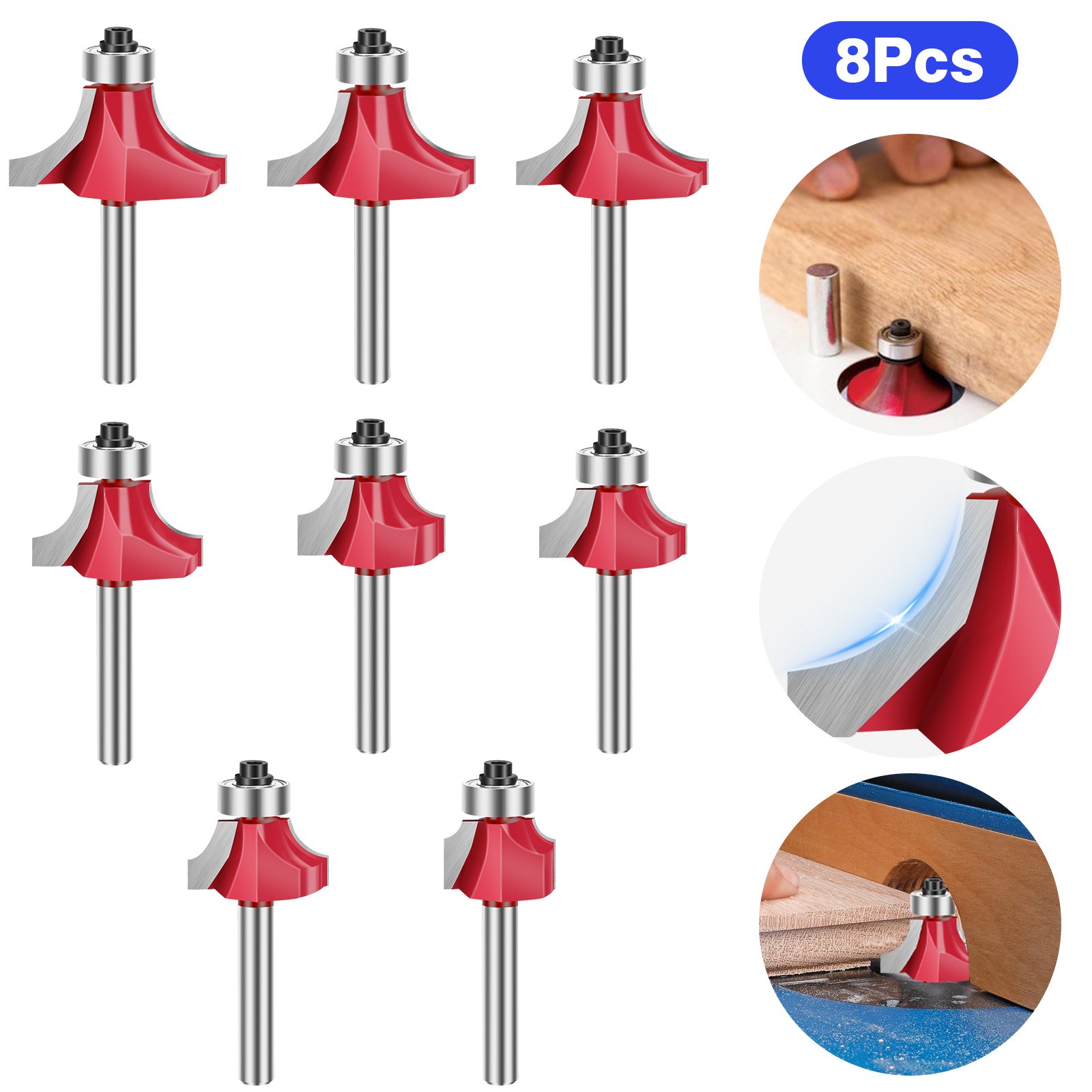 8x 1/4" Shank Roundover Edging Router Bit 1/2" 3/8" 5/16" 1/4" 7/32" 3/16" 1/8"