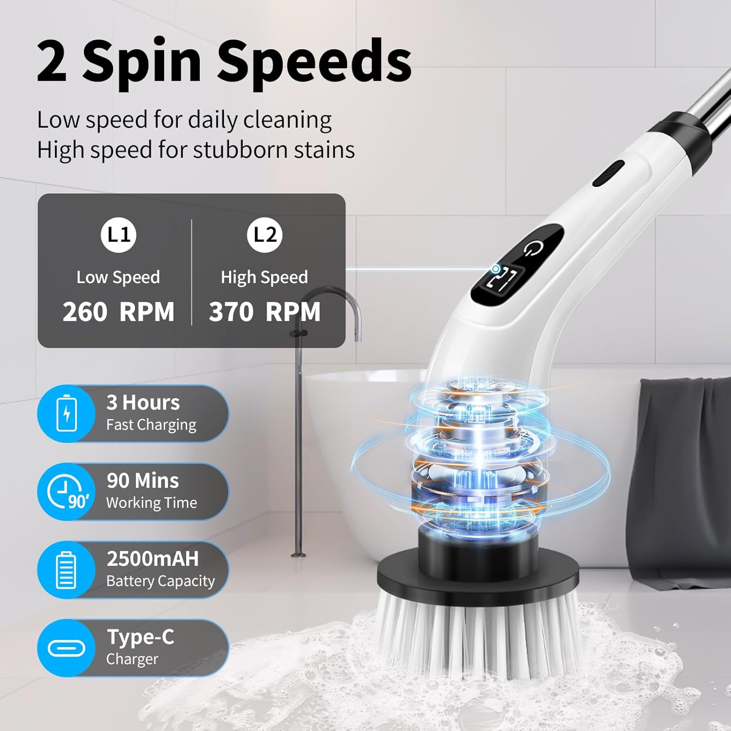 Electric Spin Scrubber, Cordless Cleaning Brush with 8 Replaceable Brush Heads,