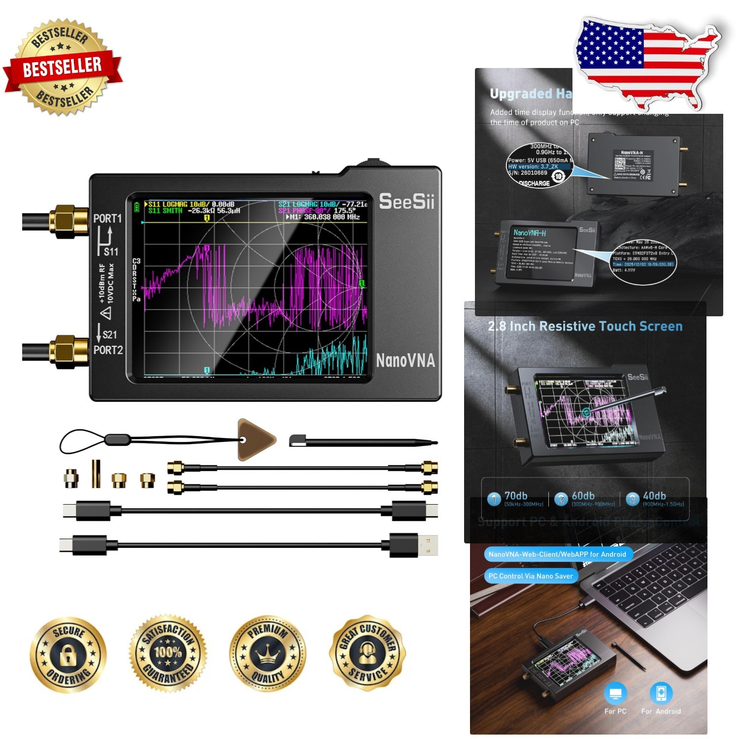 Mini Vector Network Analyzer HW3.7: 9KHz-1.5GHz, SWR, Phase, Delay, Touchscreen