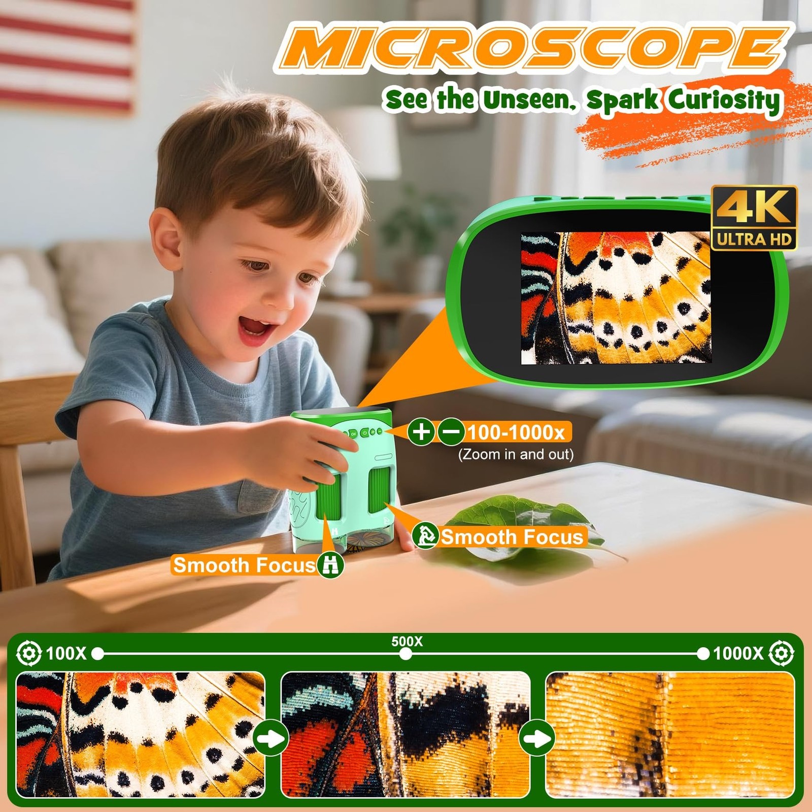 1000X Handheld Microscope for Kids : 4K 2.0" Screen Rechargeable Telescope an...