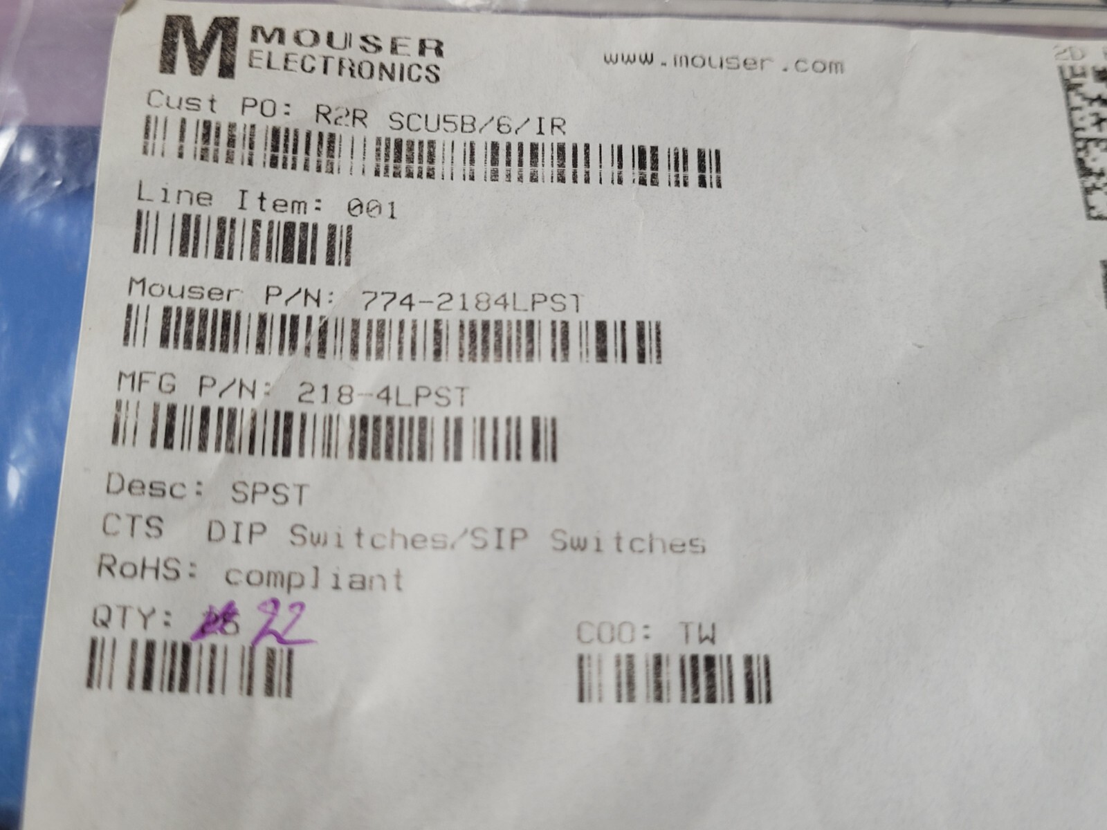(11 PCS) 218-4LPST CTS SWITCH SLIDE DIP SPST 0.025A 24V ROHS