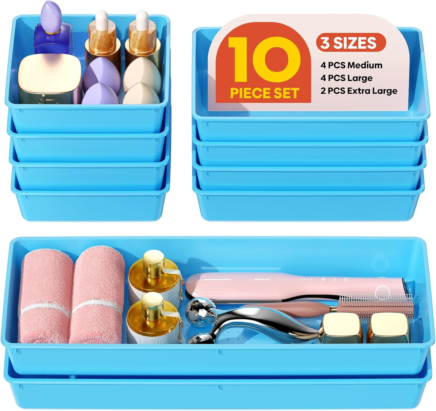 10 Pack Large Size Plastic Drawer Organizers Set, 3 Sizes Desk Drawer Organizer