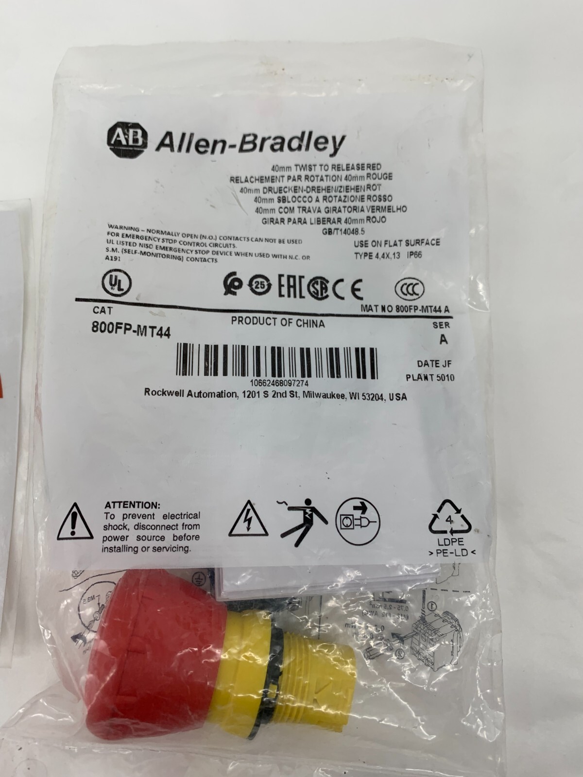 Allen-Bradley 800FP-MT44 40mm Push Button Red Twist to Release For E-Stop