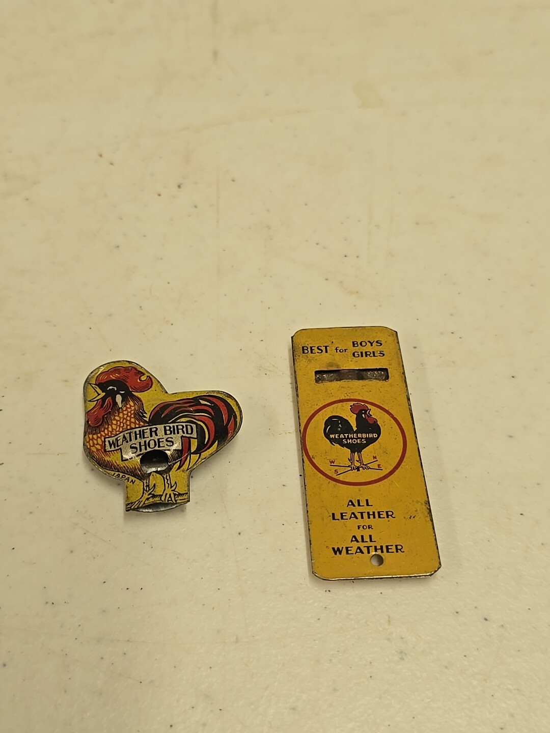 Vintage Weatherbird Shoes Advertising Tin Litho Whistle Pair Rooster