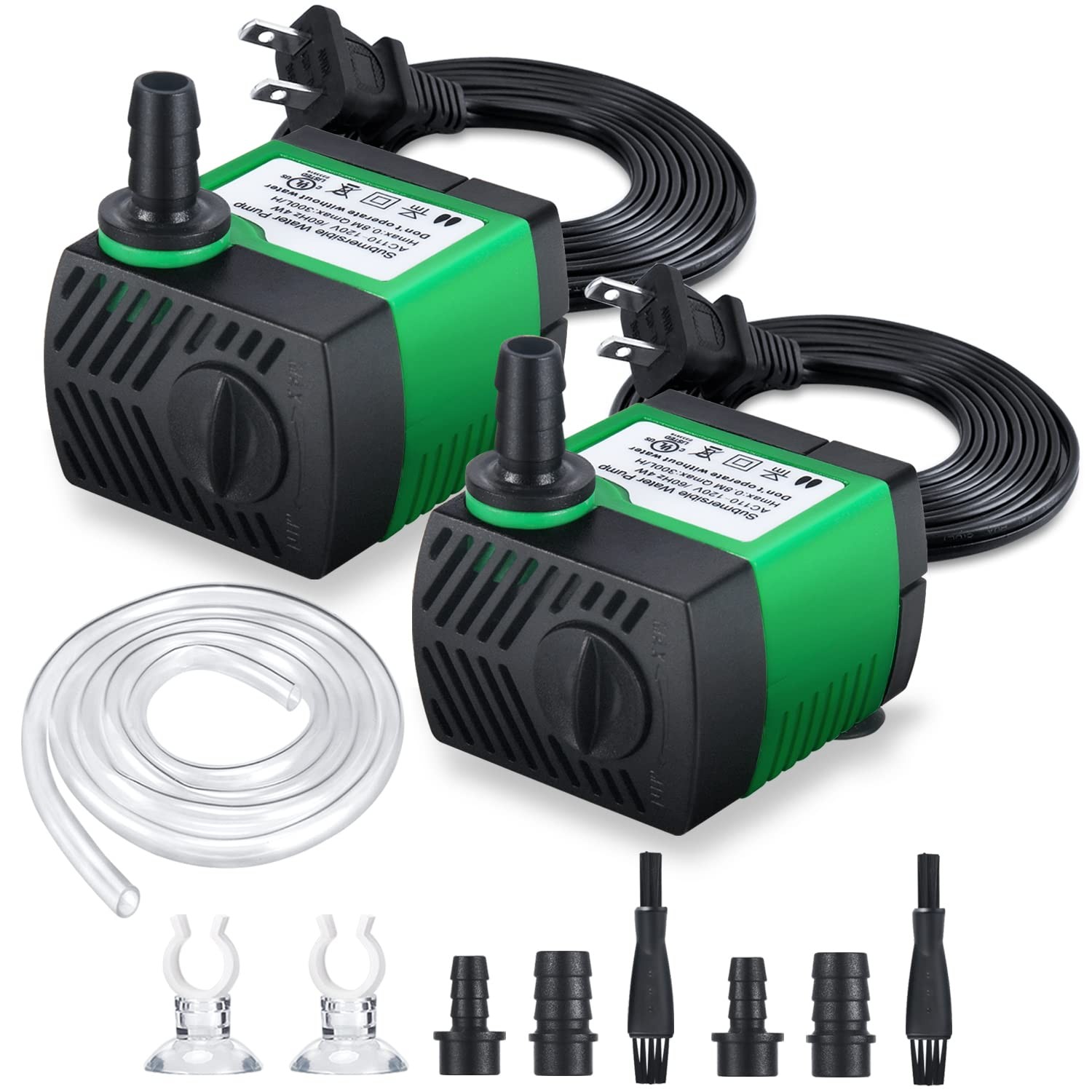 CWKJ 2 Pack 80GPH (4W 300L/H) Submersible Water Pump with 4.9ft Tubing (1/3-I...