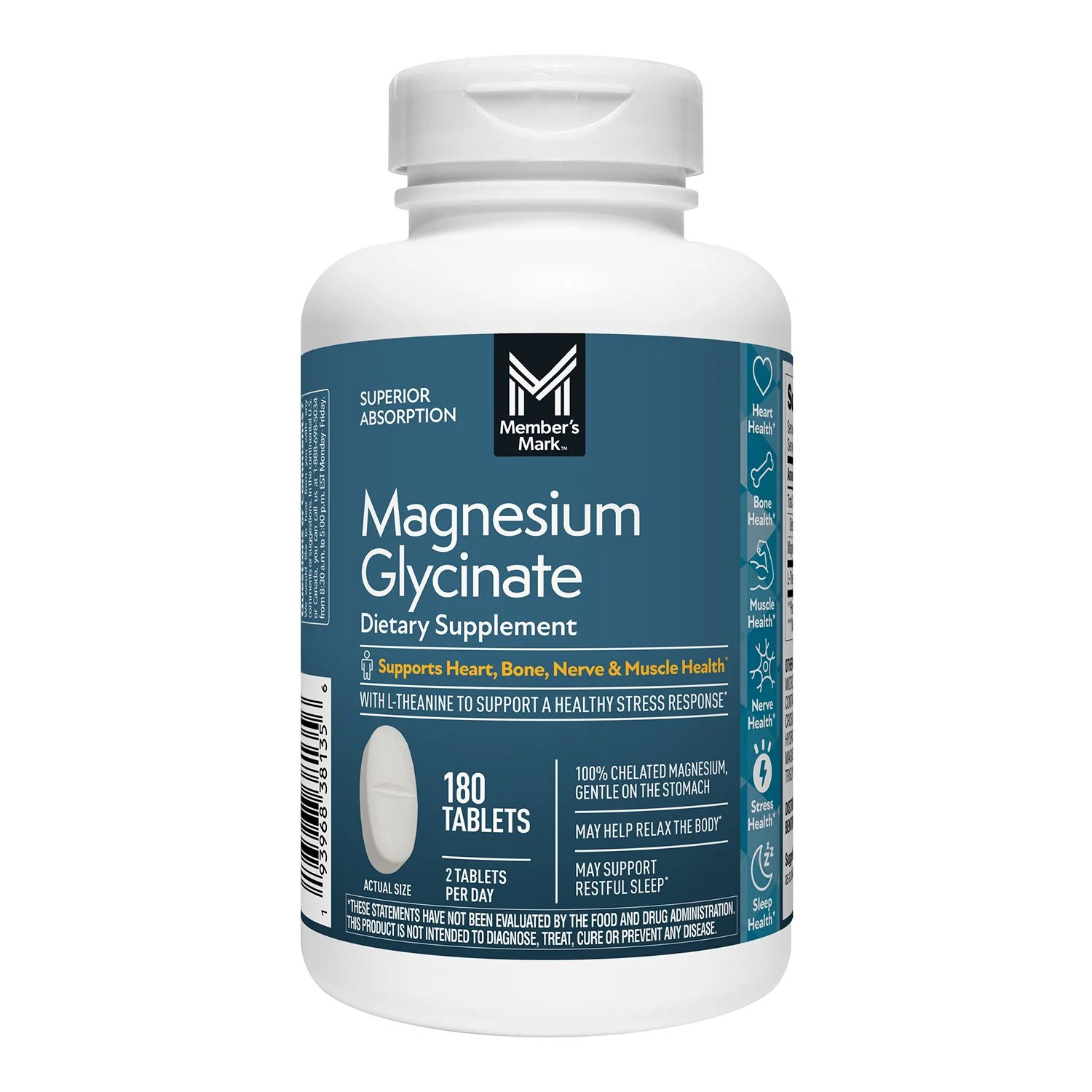 Magnesium Glycinate Tablets 180 ct — Supports Heart, Bone, Nerve, Muscle Health