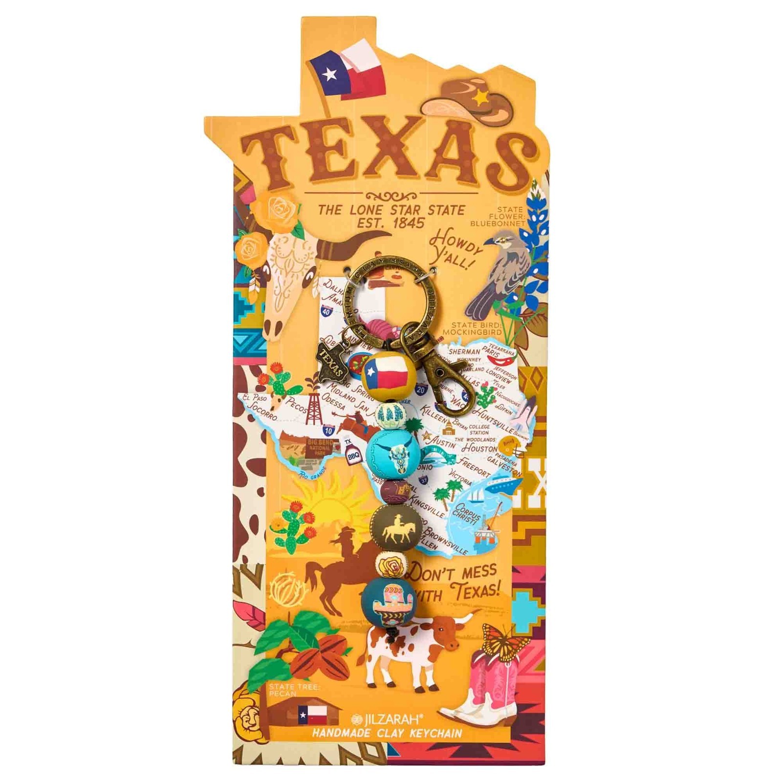 NEW JILZARAH Handmade Clay Beads 4 Ball Keychain DESTINATION TEXAS 18mm Bead